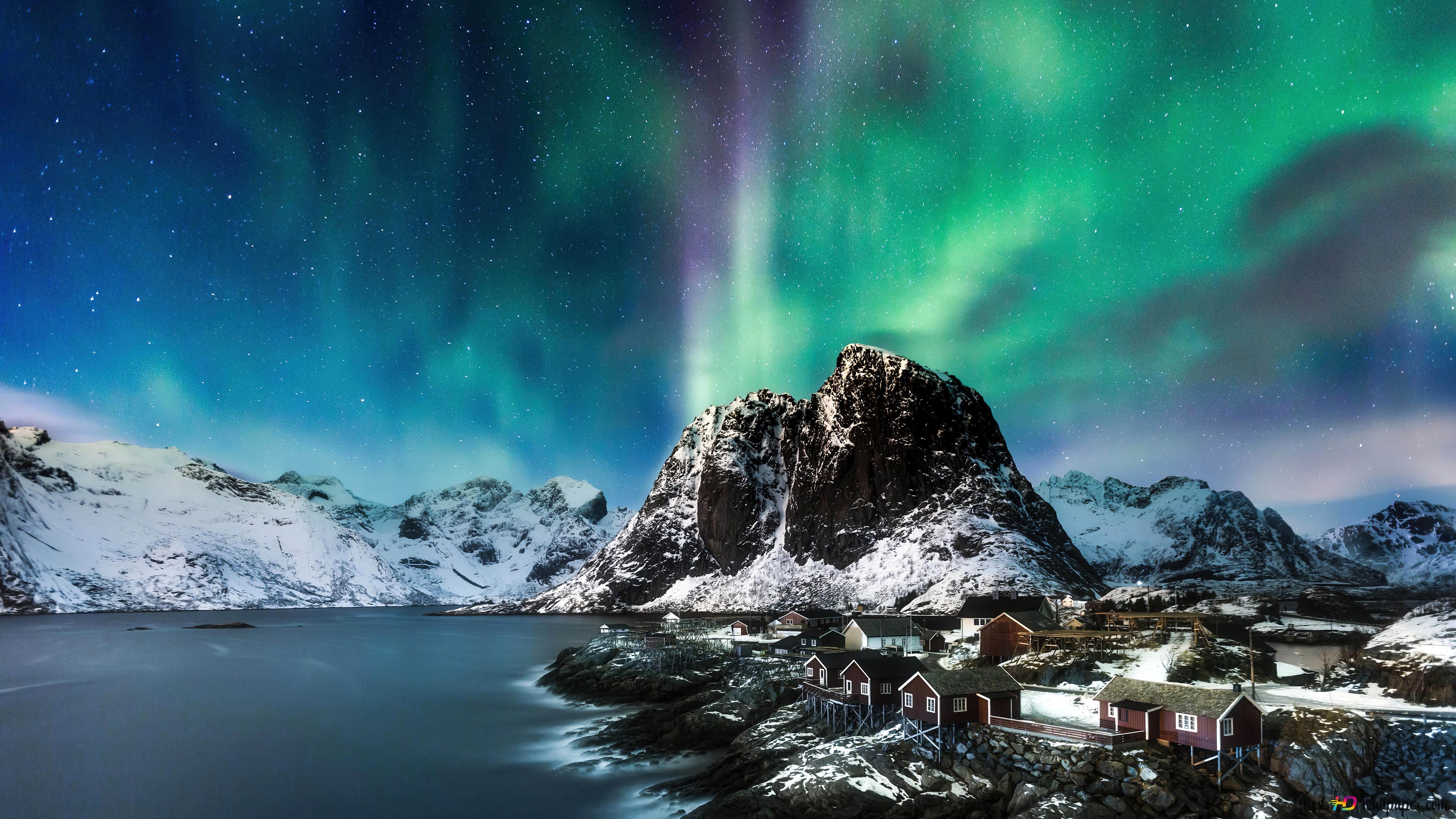 Hamnøy, Lofoten, Norwegen, Polarlicht, Fischerhütten, Schnee, 3840x2160, Desktop-Hintergrund