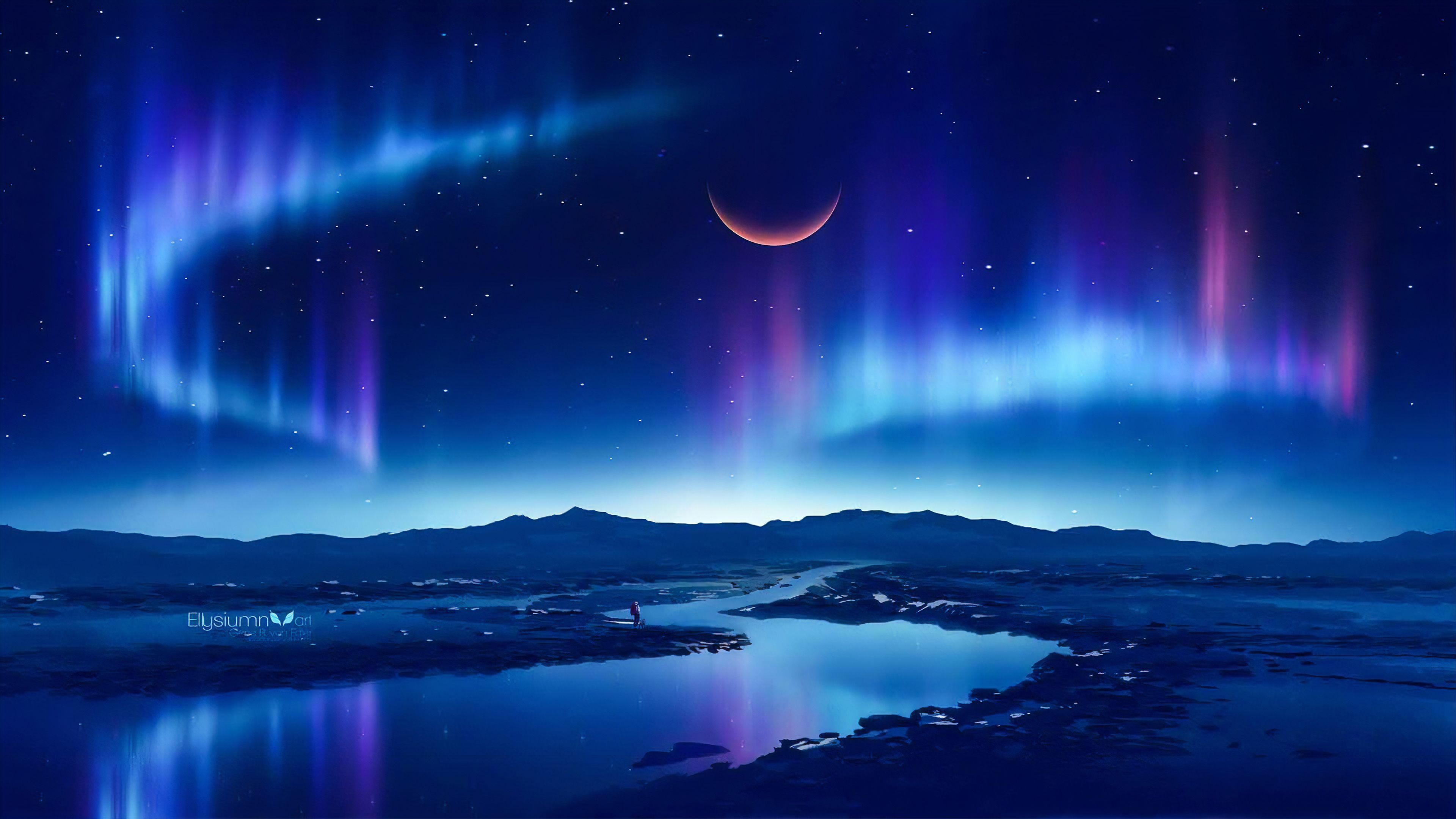 Polarlicht, Mondsichel, See, Nacht, Blau, 4K 2160p, Desktop-Hintergrundbild
