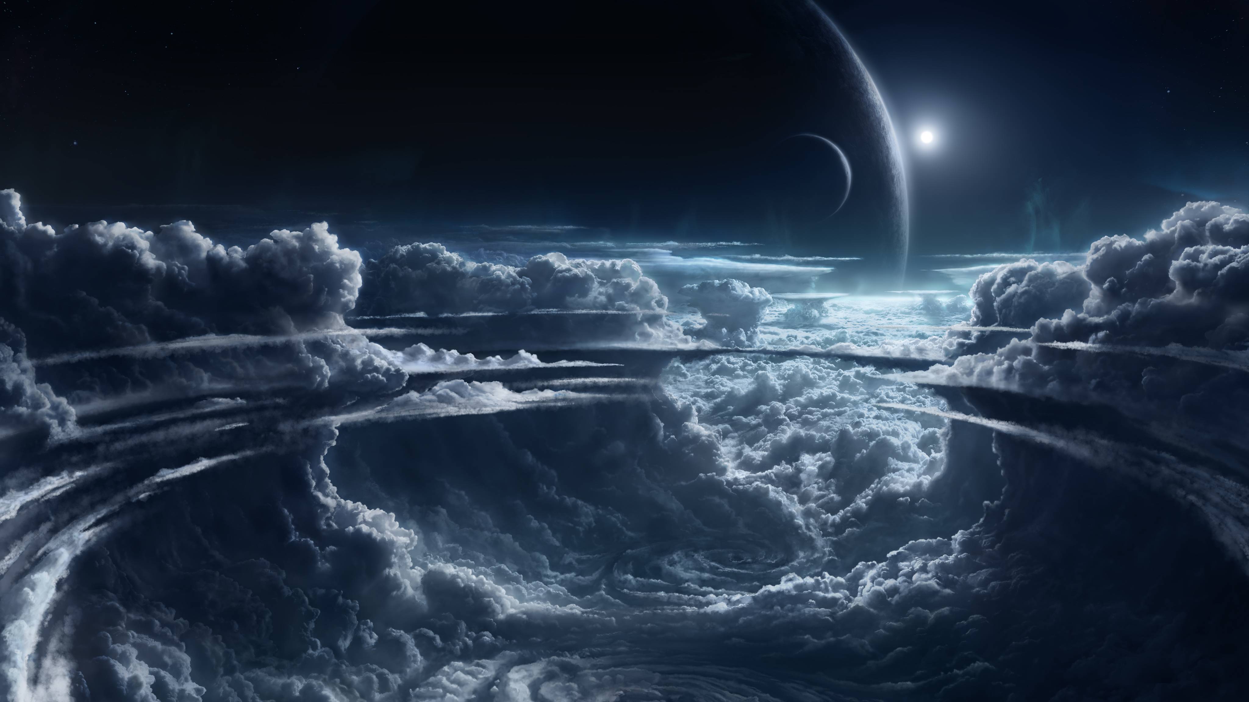 Wolken, Planet, Science-Fiction, Weltraum, Schwarz-Weiß, 4K, Windows-Hintergrundbild