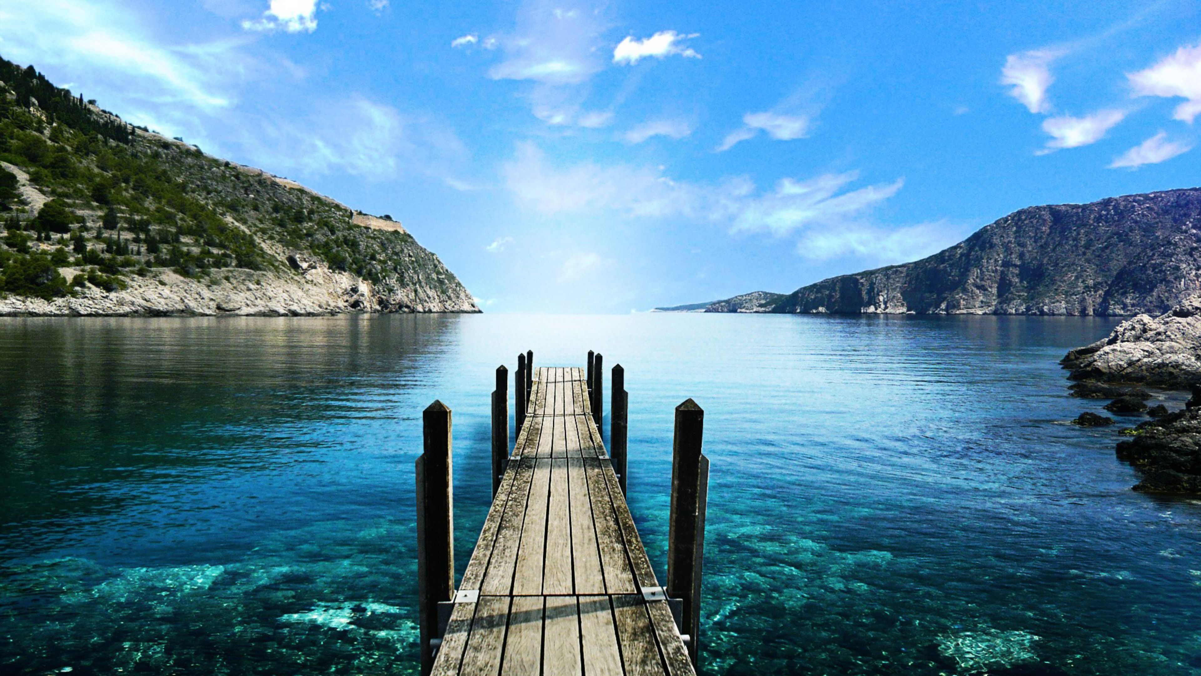 Steg, Meer, Bucht, Türkises Wasser, Blauer Himmel, 4K, Hintergrund für den Desktop