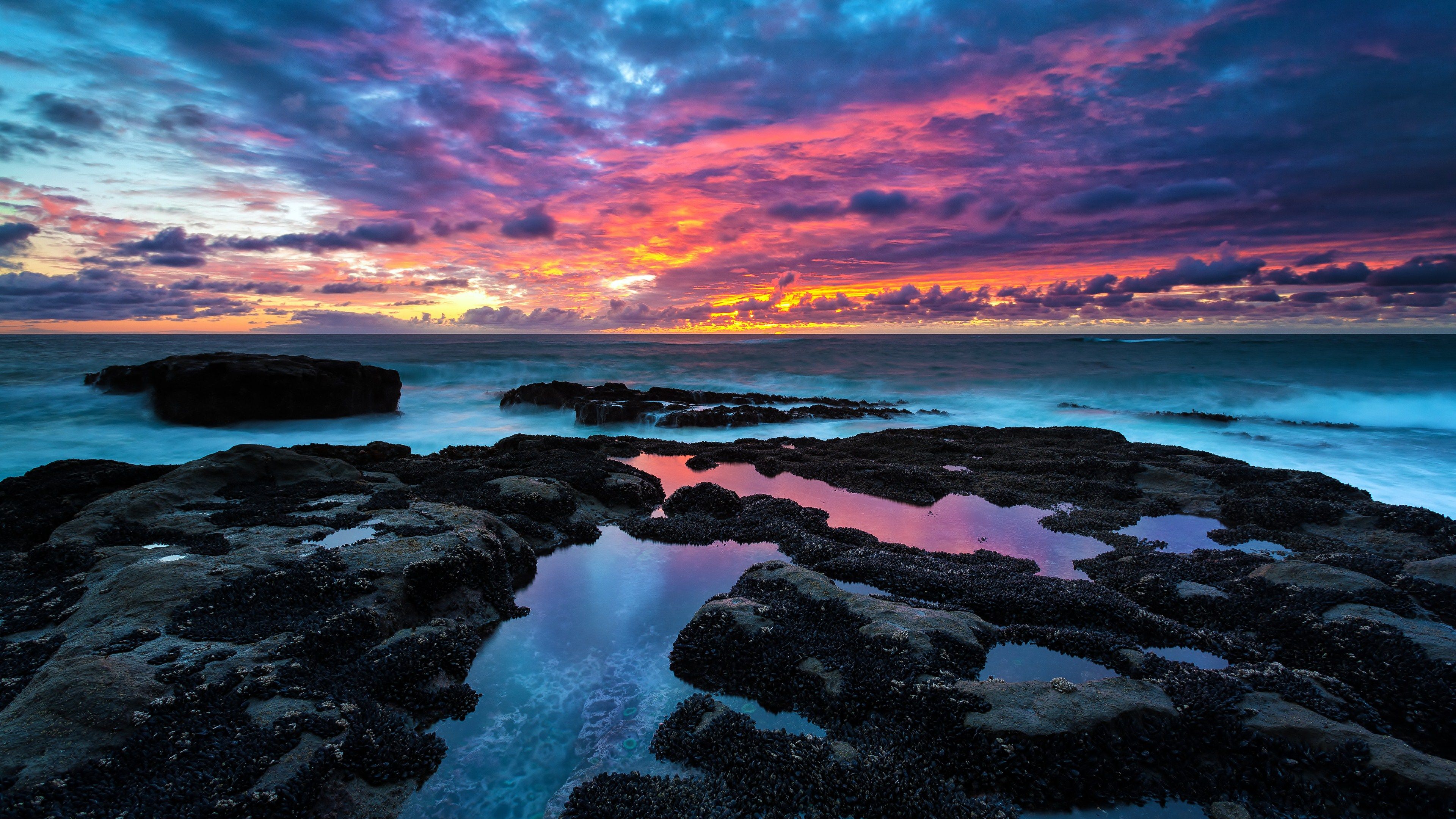 Küste, Felsen, Sonnenuntergang, Wolken, Meer, 3840x2160, 4K-Hintergrundbild für PC