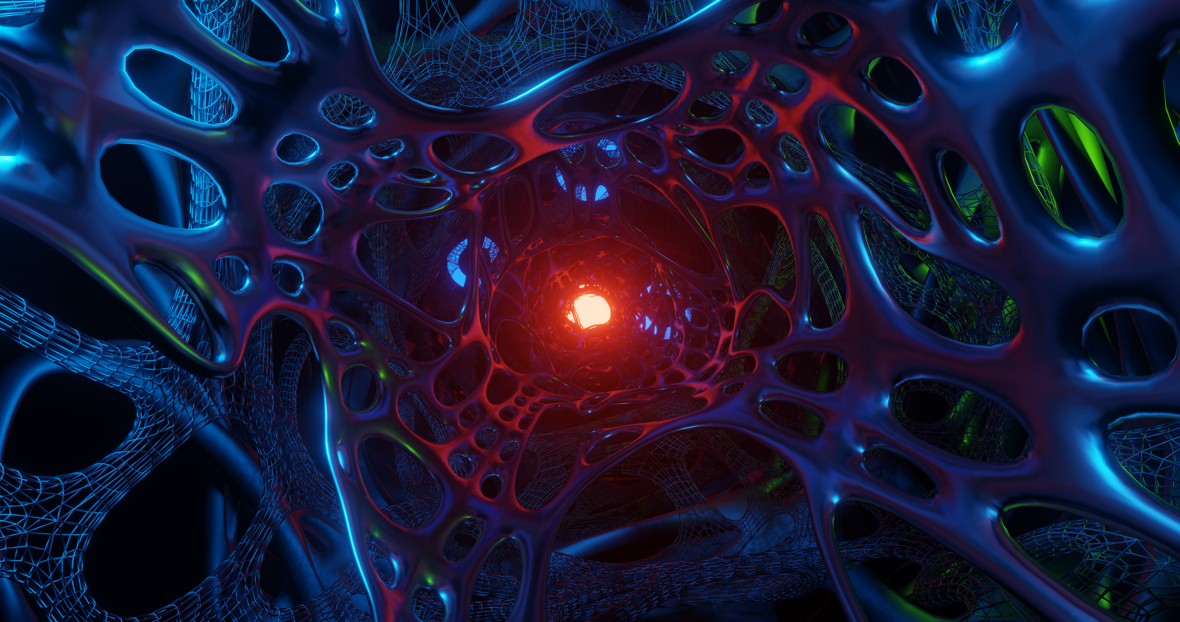 Abstrakte Struktur, 3D-Rendering, Blau, Organische Formen, Leuchtpunkt, 4K-Hintergrundbild für PC