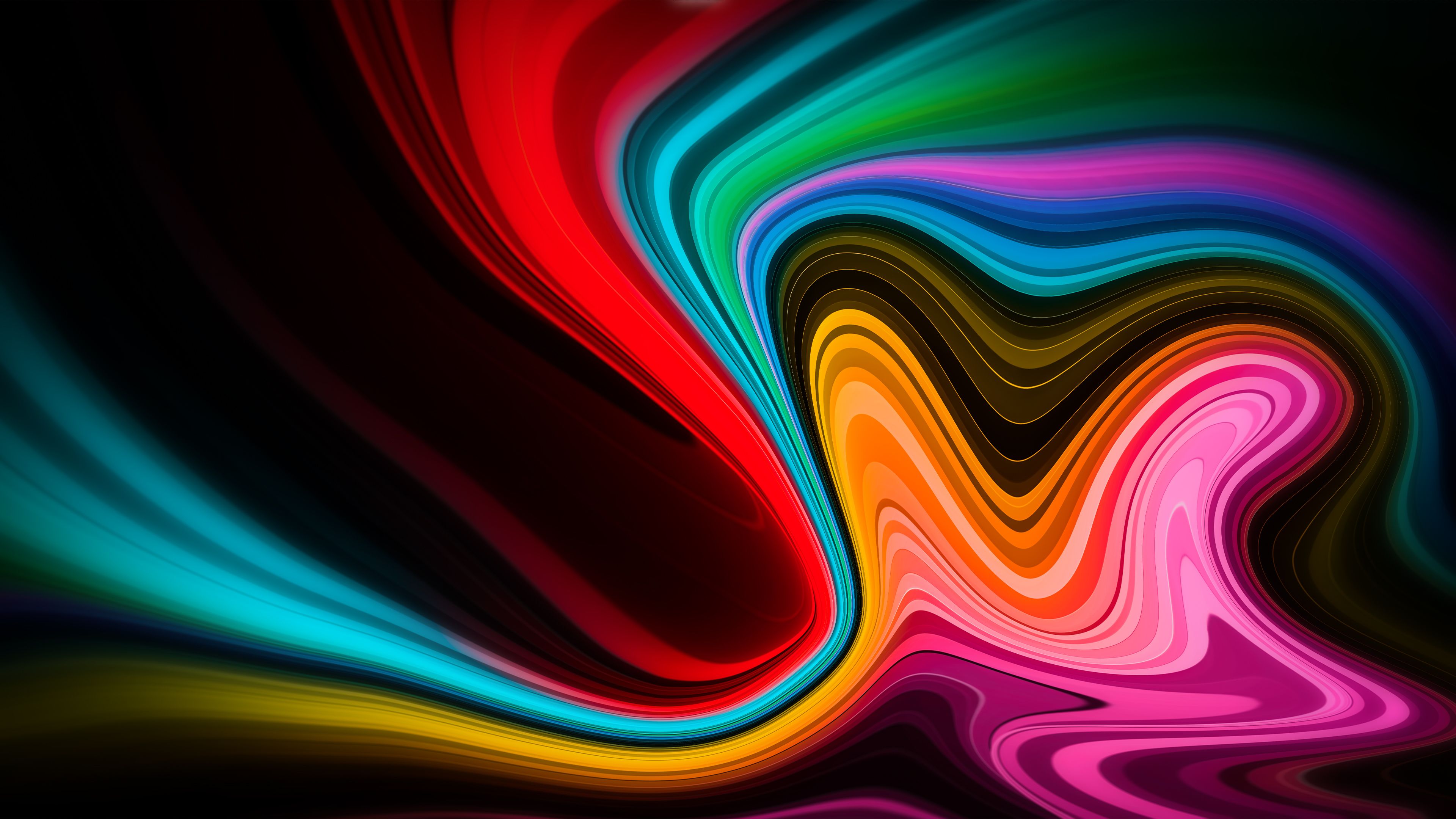 Psychedelische Wellen, Flüssige Formen, Regenbogen, Schwarzer Hintergrund, 4K Wallpaper