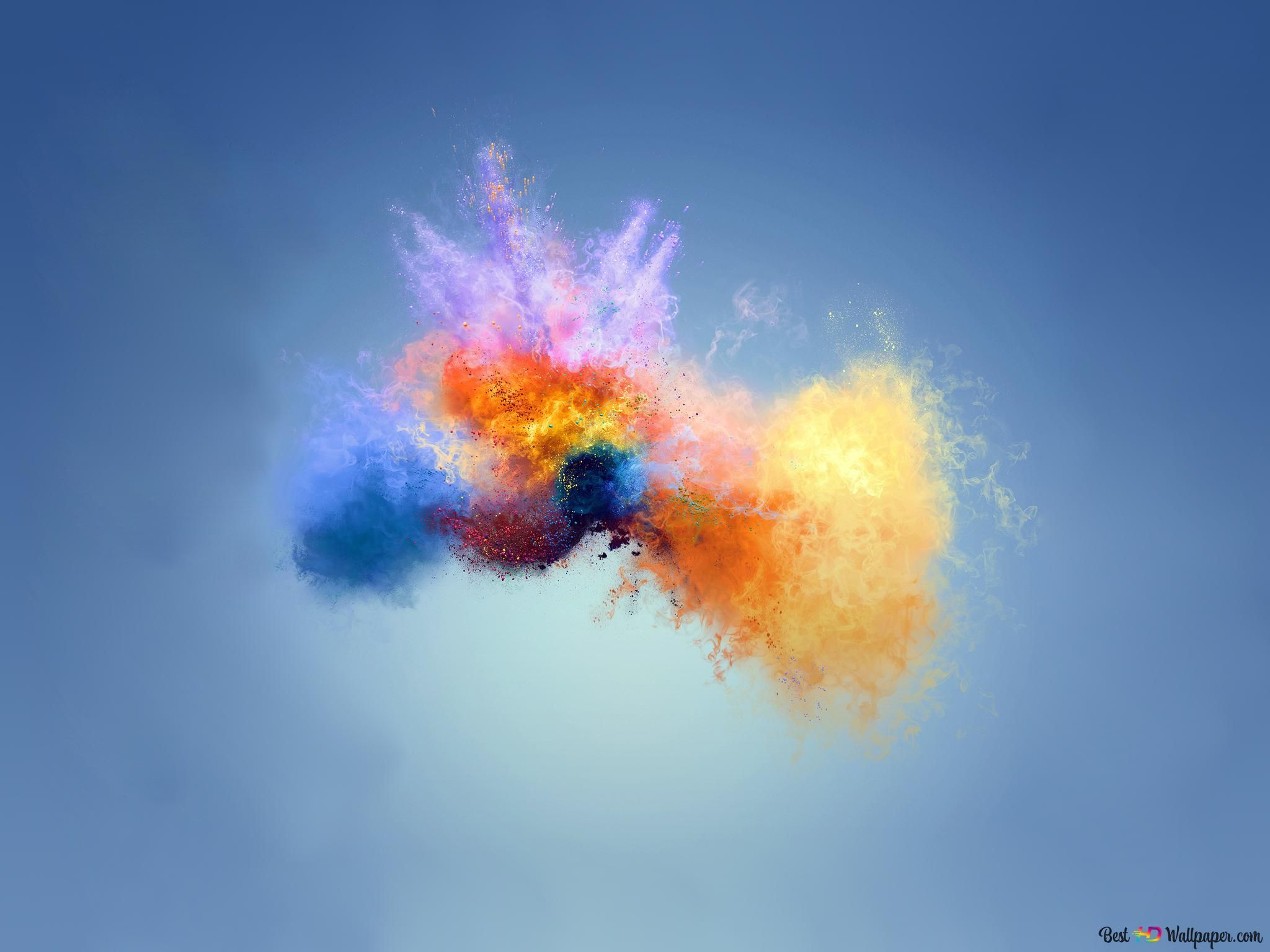 Farbpulver, Holi, Explosion, Hellblauer Hintergrund, Bunt, Full HD Wallpaper