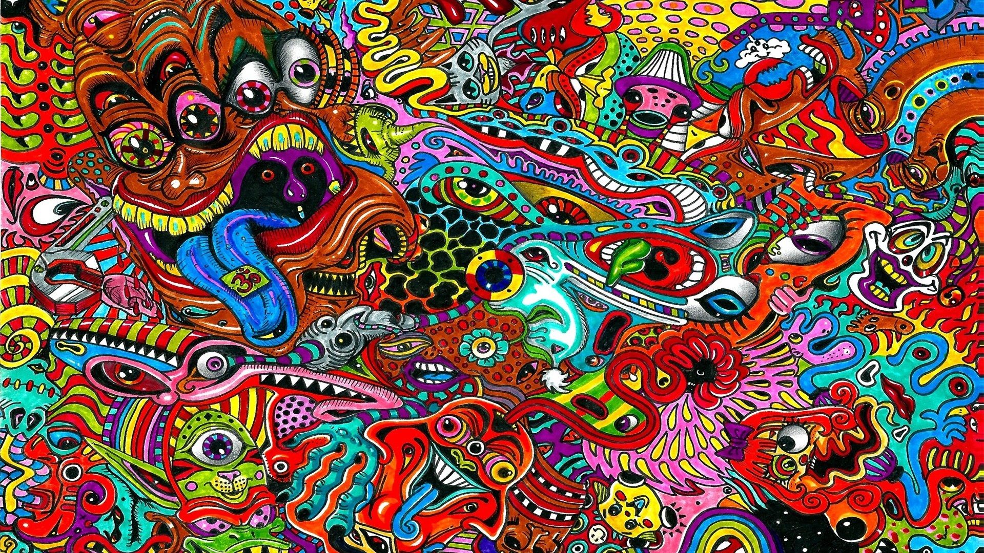 Psychedelische Kunst, Doodle, Bunt, Gesichter, Detailreich, Full HD, Windows-Hintergrundbild