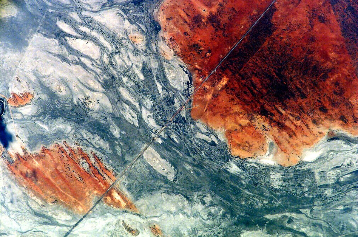 Satellitenbild, Erdstruktur, Rot-Blau, Abstrakte Landschaft, Luftaufnahme, Hintergrundbild