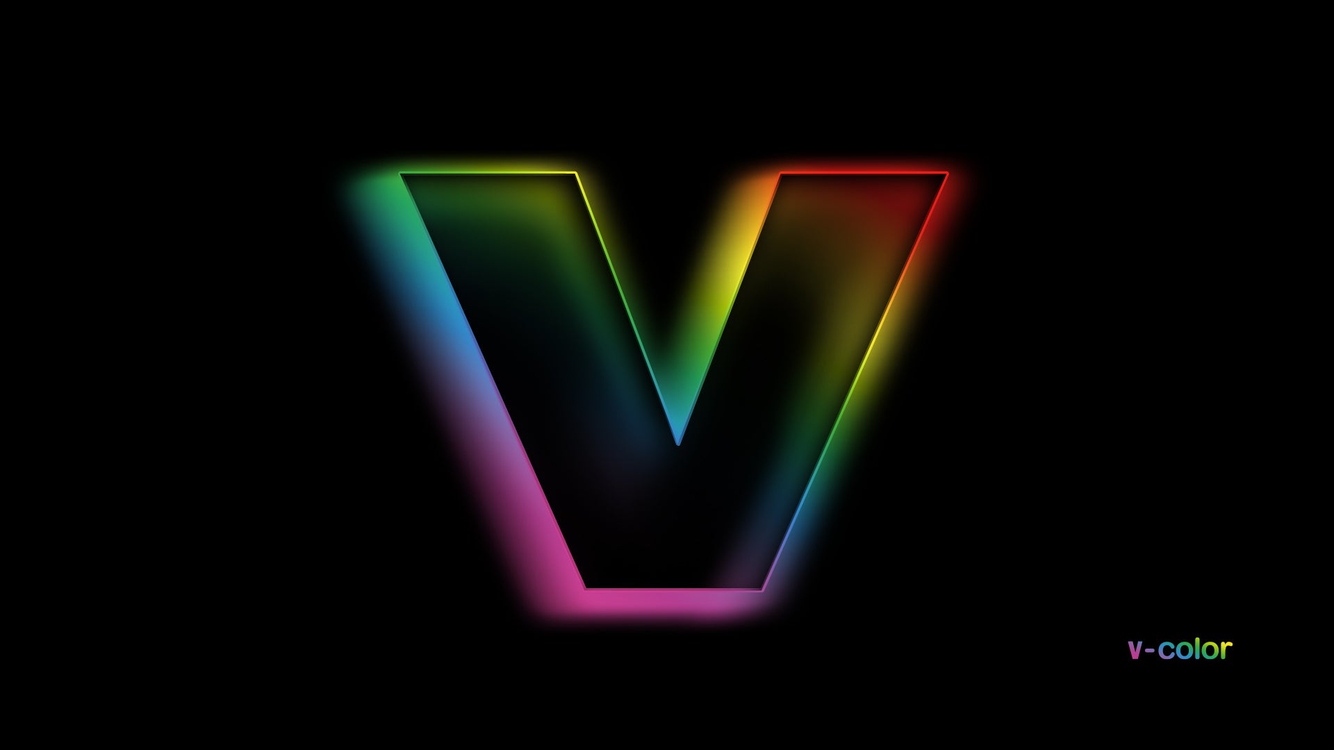 V-Color, Buchstabe V, Regenbogenkontur, Schwarzer Hintergrund, Logo, Full HD Wallpaper