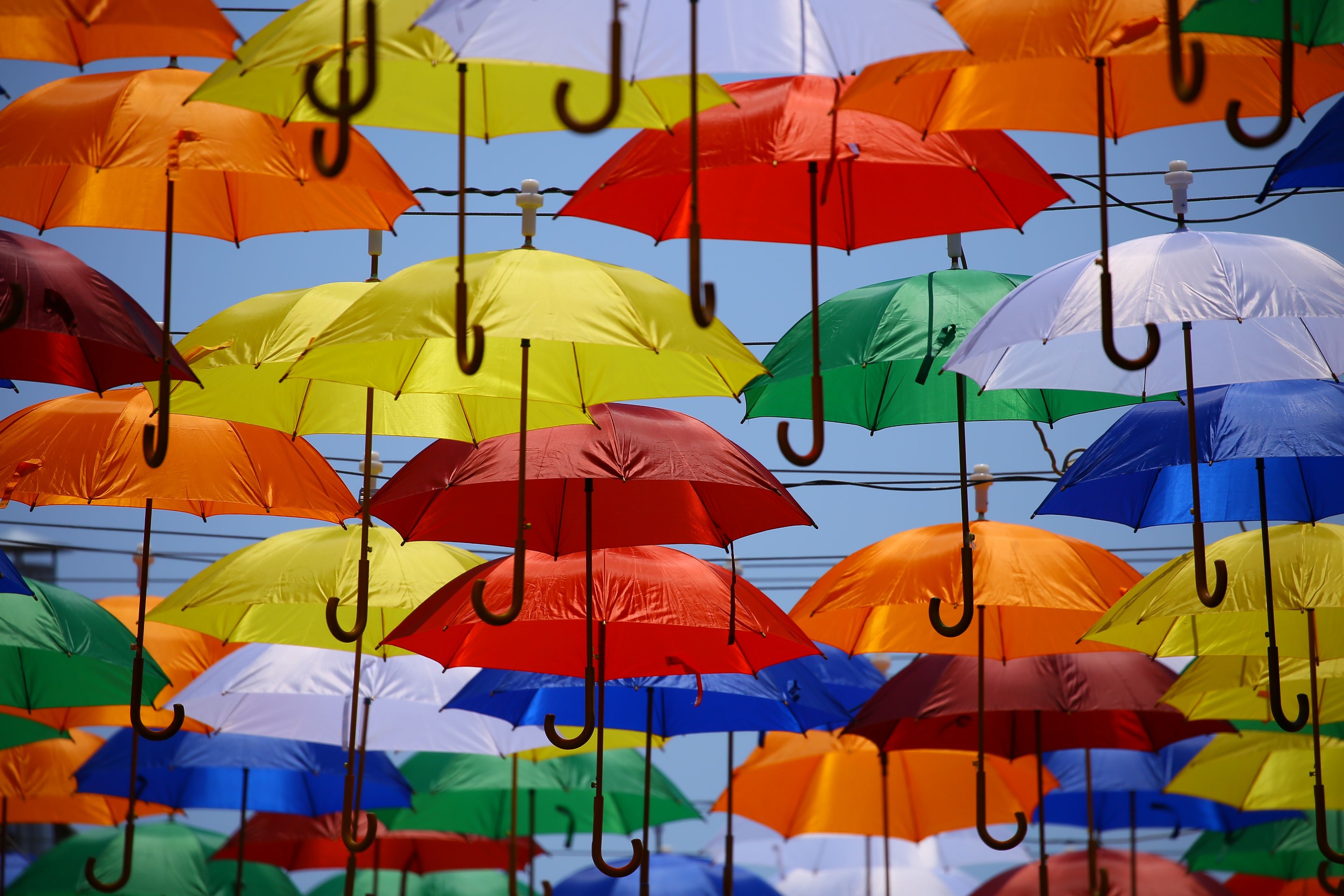 Bunte Regenschirme, Schirmhimmel, Straßendeko, Regenbogenfarben, Kunstinstallation, 4K-Hintergrund
