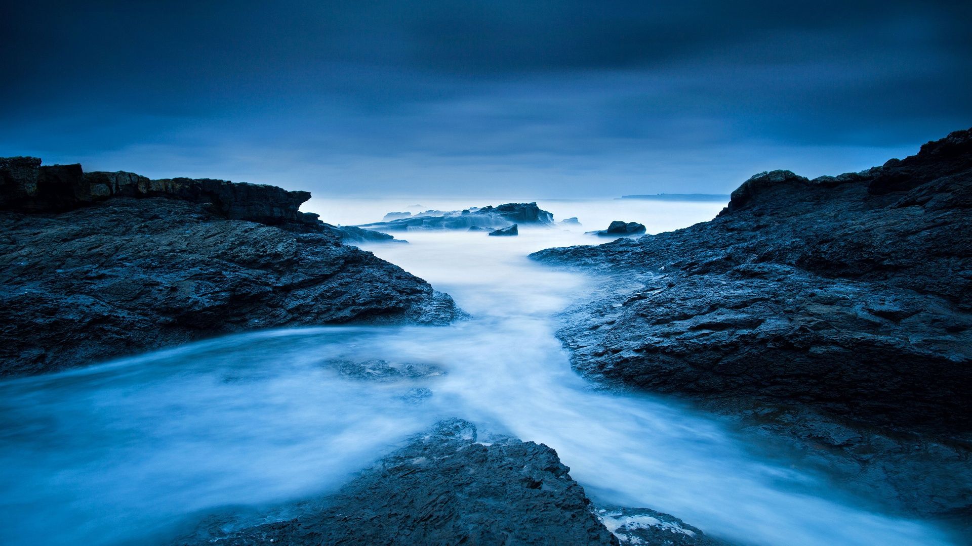 Felsküste, Langzeitbelichtung, Meer, Blaue Stunde, Wolken, 1920x1080, Desktop-Hintergrund