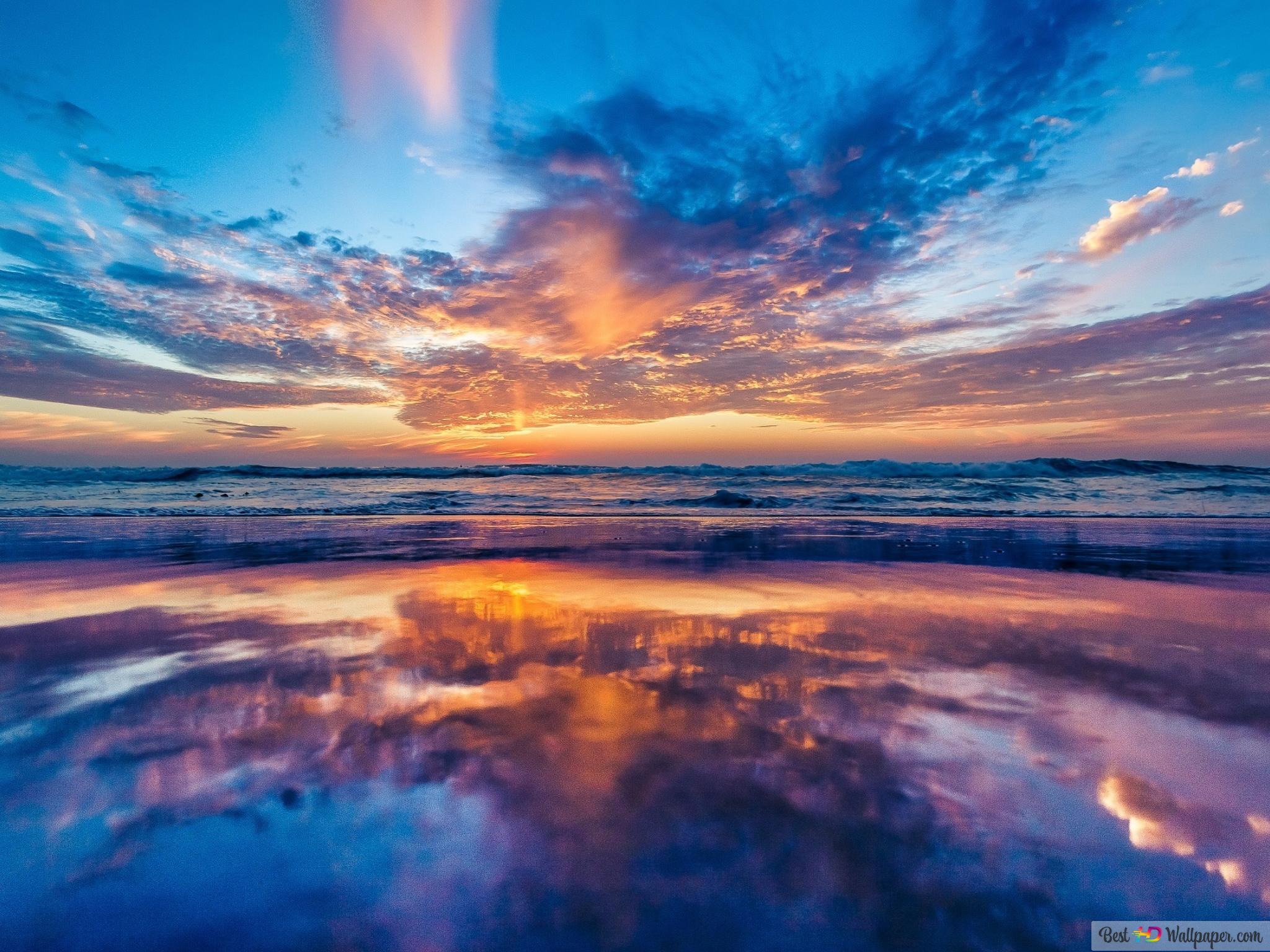 Sonnenuntergang, Strand, Spiegelung, Wolkenhimmel, Orange-Blau, Hintergrundbild fürs iPad