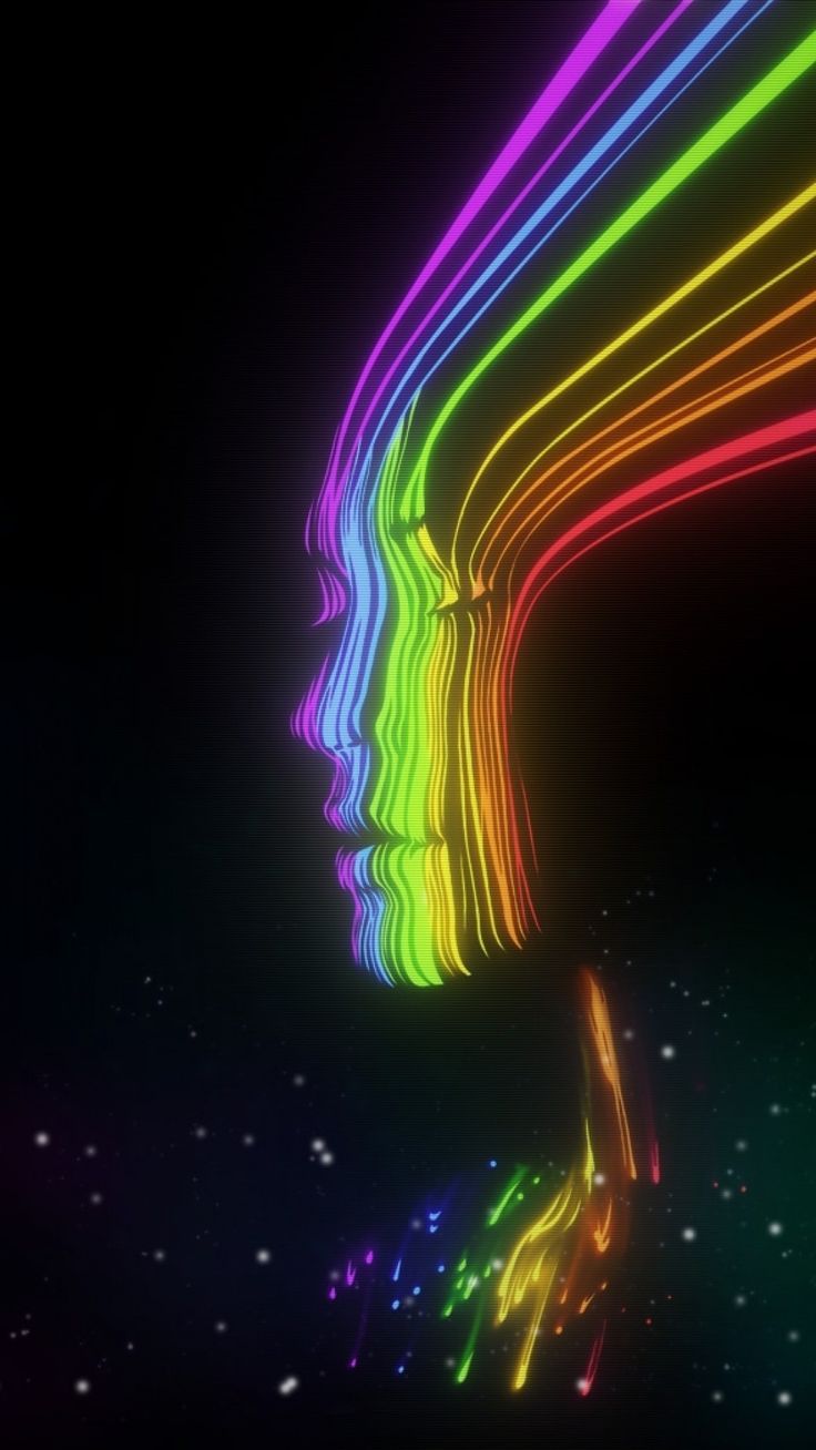 Regenbogenprofil, Gesichtssilhouette, Neonlinien, Schwarzer Hintergrund, Digitale Kunst, Sperrbildschirm