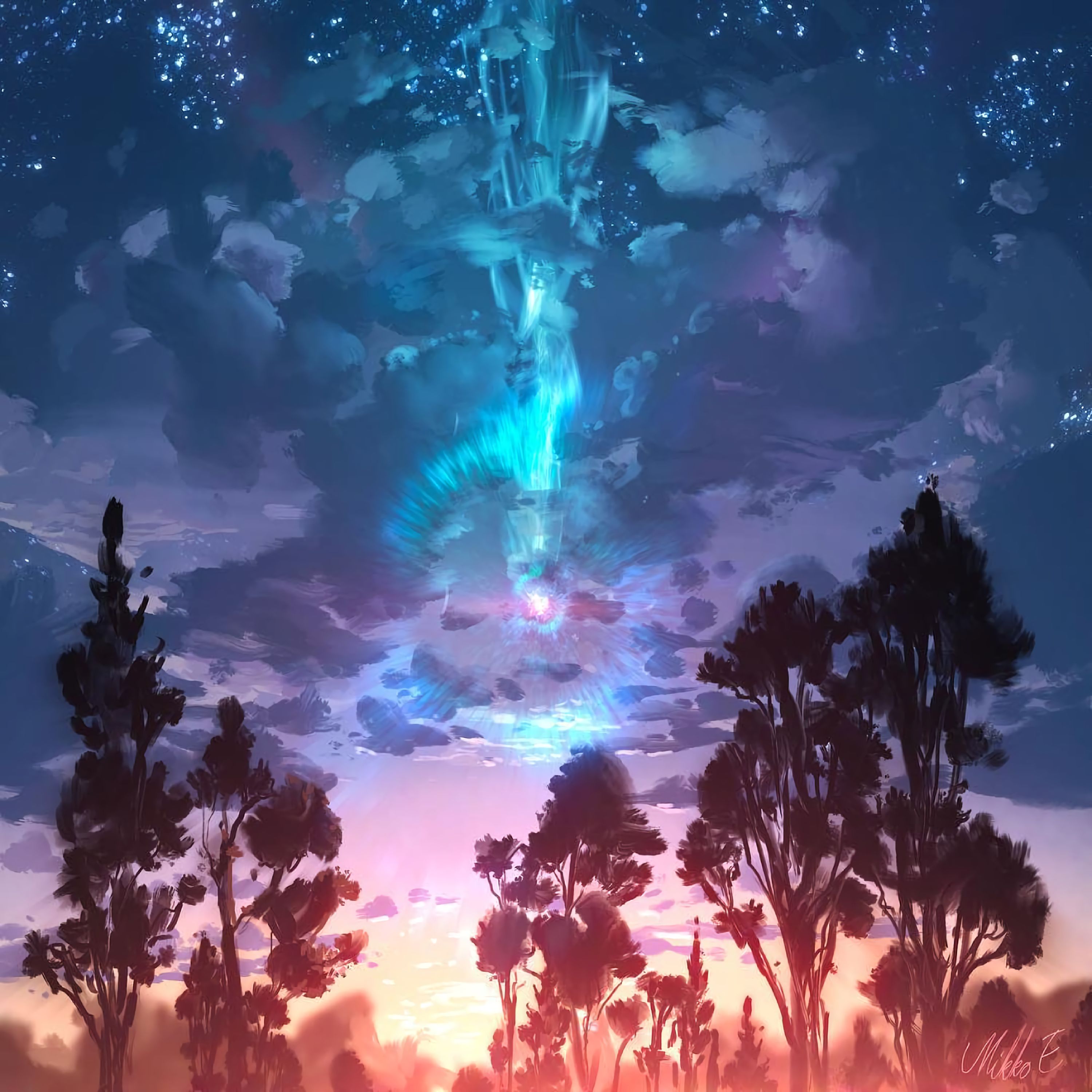 Sternenhimmel, Bäume, Silhouette, Anime-Stil, Lila-Blau, Milchstraße, 2K, iPad-Hintergrundbild