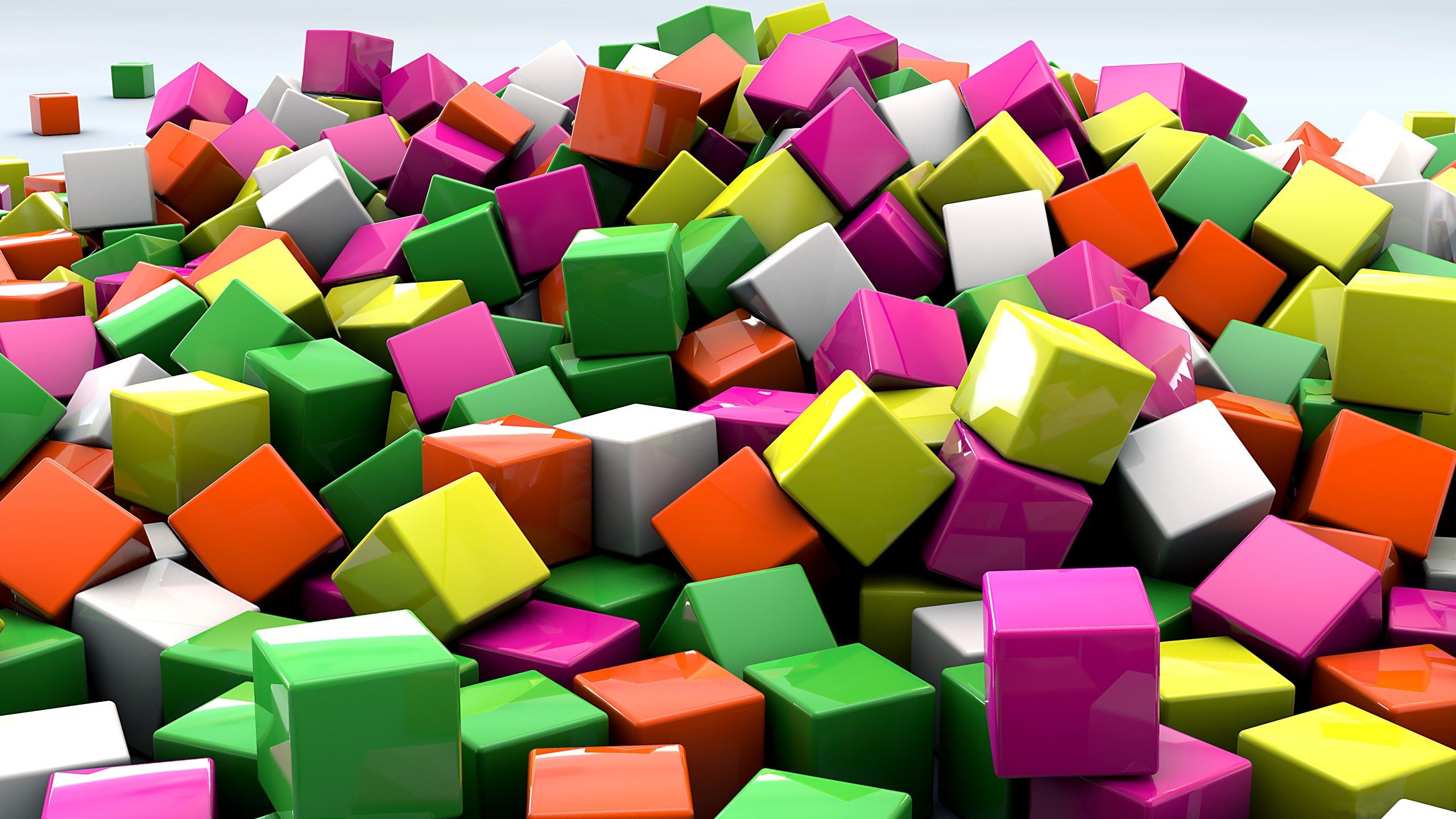 Bunte Würfel, 3D-Rendering, Haufen, Grün-Pink, Kuben, 2560x1440, 2K-Hintergrundbild für PC