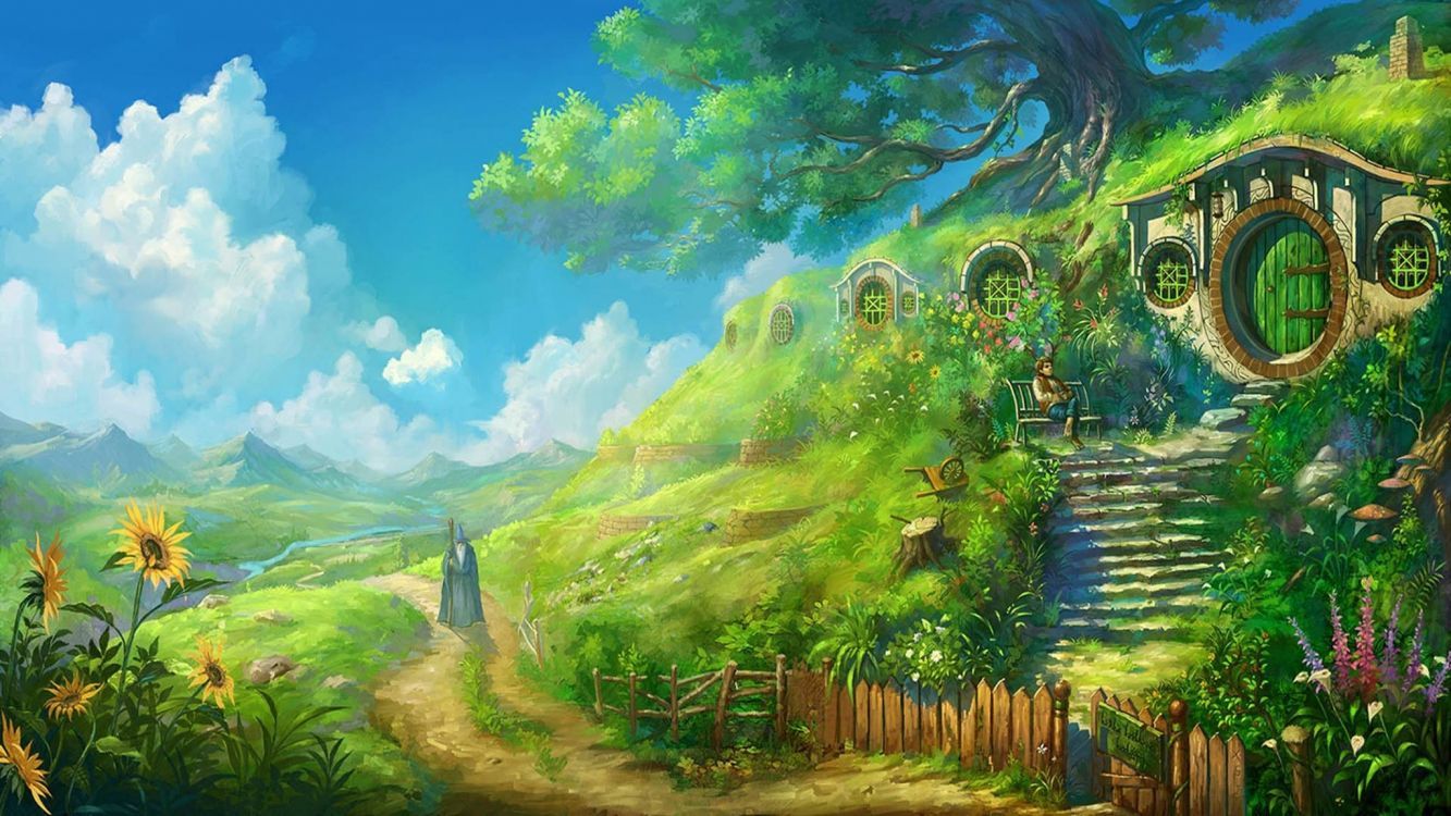 Beutelsend, Auenland, Der Herr der Ringe, Hobbithöhle, Landschaft, Digitale Malerei, HD-Hintergrundbild