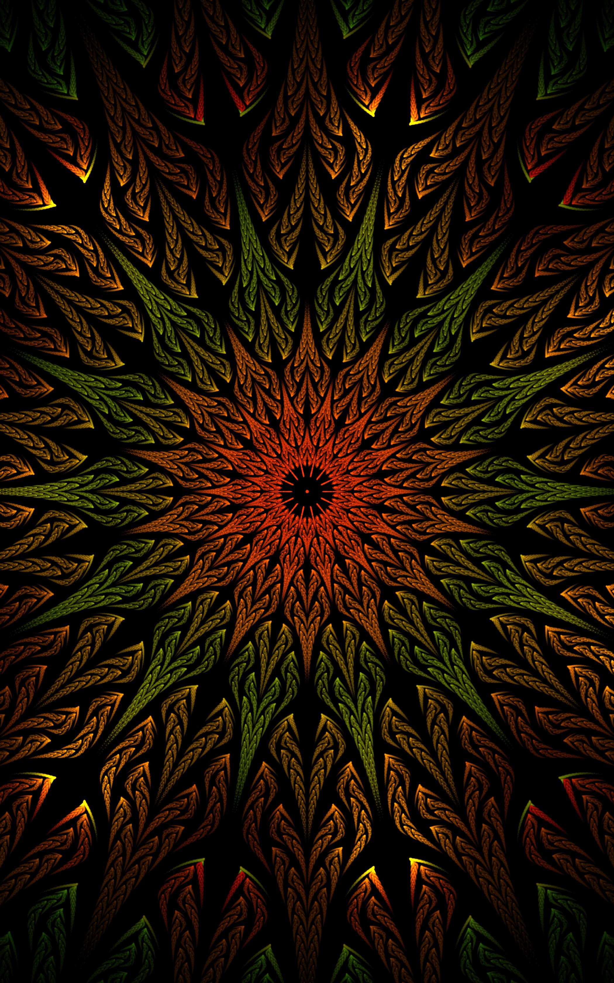 Mandala, Fraktal, Kaleidoskop, Orange, Grün, Dunkel, QHD+, Sperrbildschirm fürs iPhone