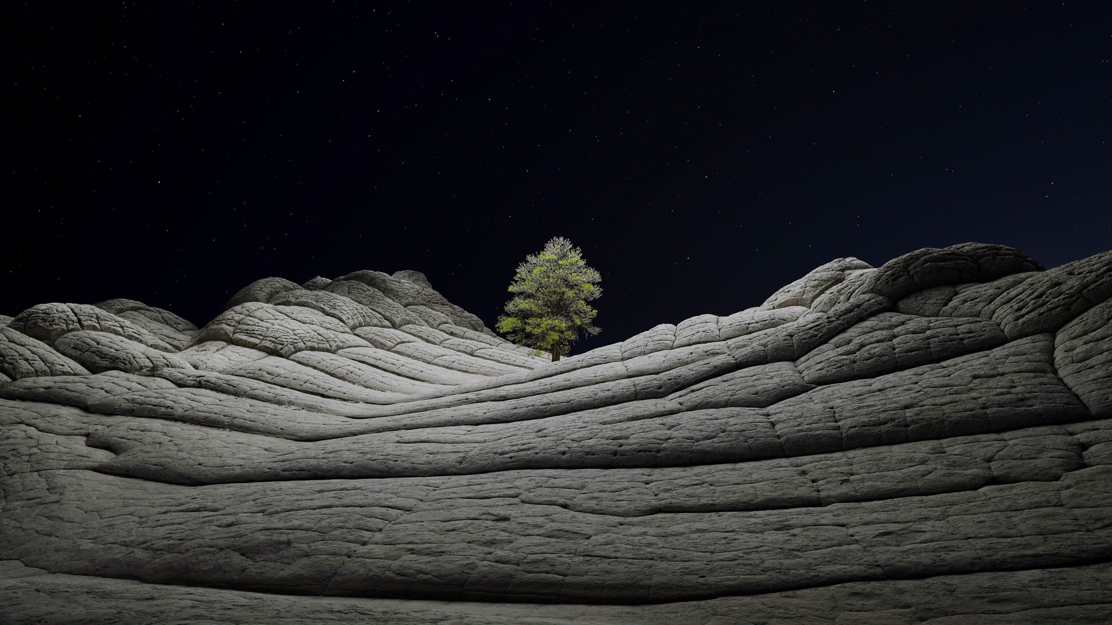 Baum, Felsformation, Nacht, Minimalismus, 4K, Desktop-Hintergrund für Windows