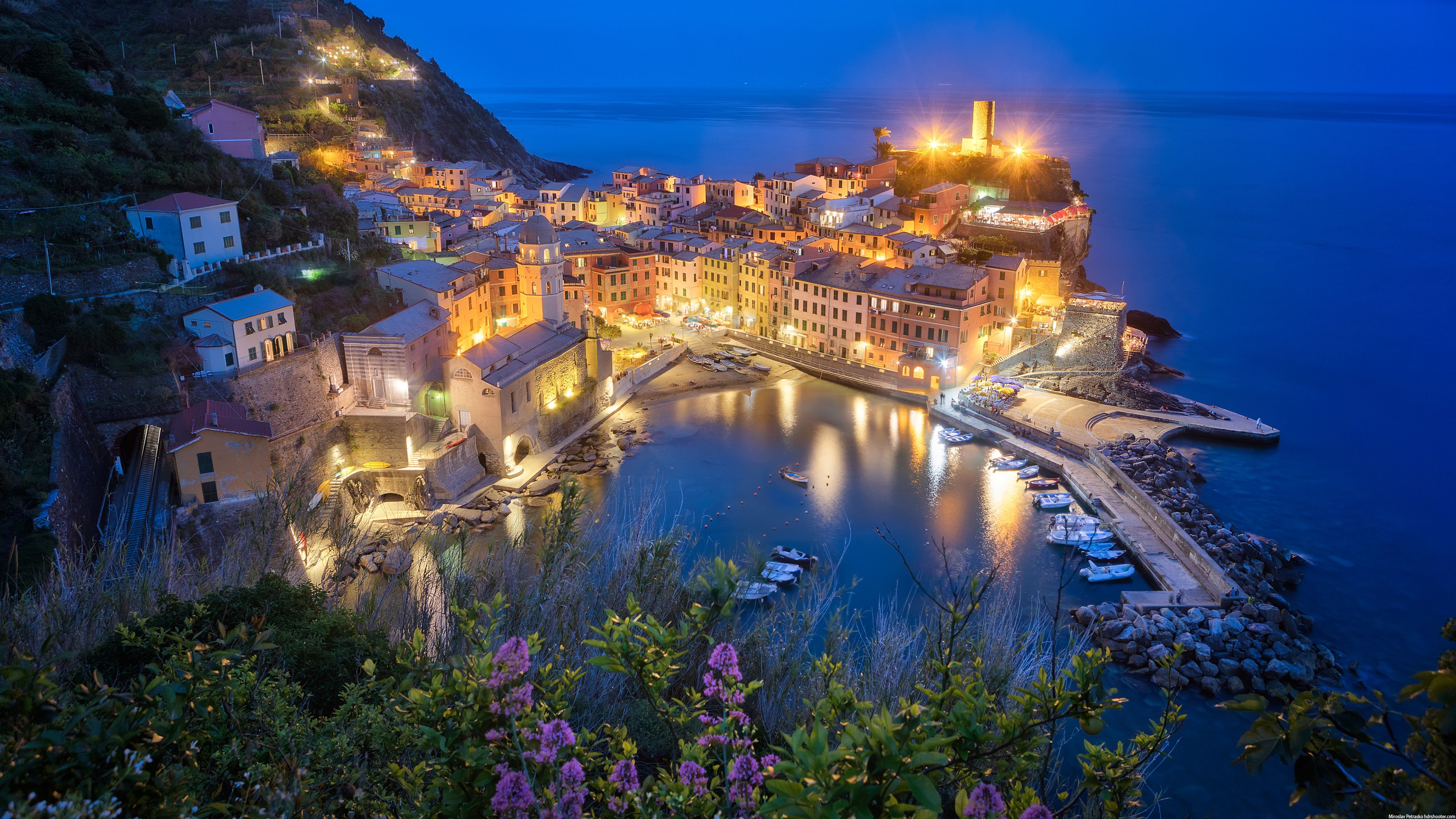 Vernazza, Cinque Terre, Italien, Küstendorf, Nacht, Hafen, 3840x2160, PC-Hintergrundbild