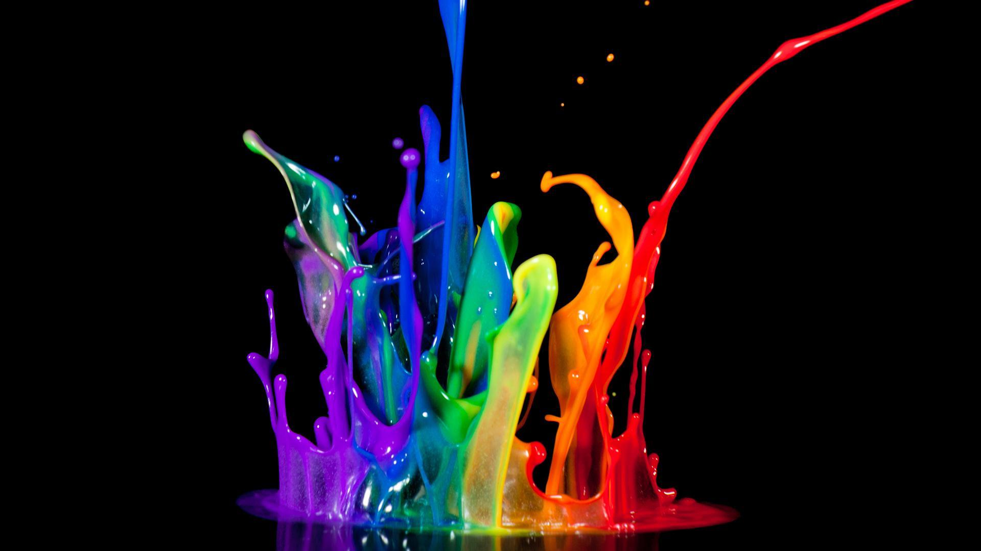 Farbspritzer, Flüssige Farbe, Regenbogenfarben, Schwarzer Hintergrund, Splash, 1080p Wallpaper