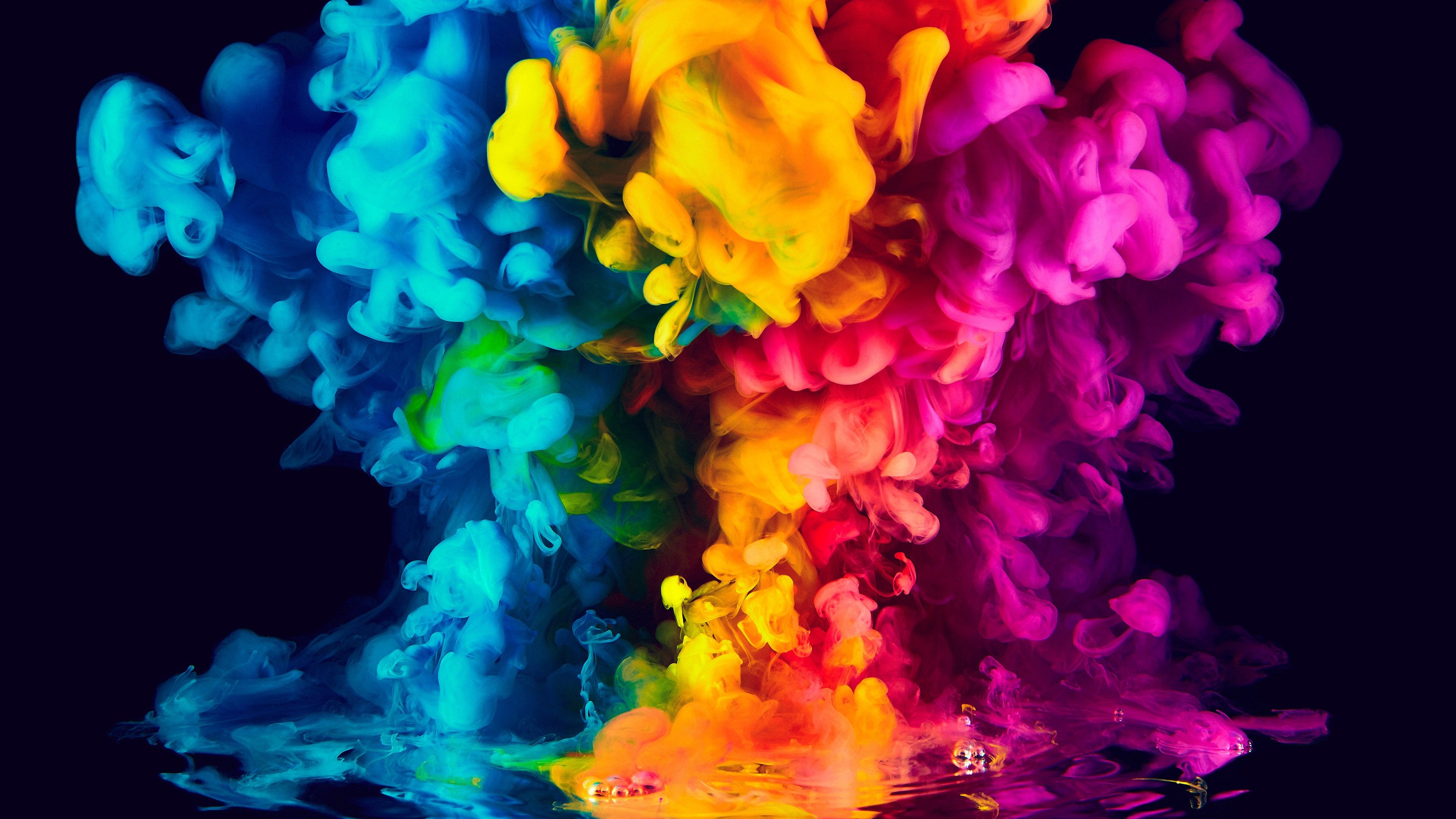 Farbwolke, Tinte im Wasser, Rauch, Regenbogenfarben, Schwarzer Hintergrund, 4K Wallpaper