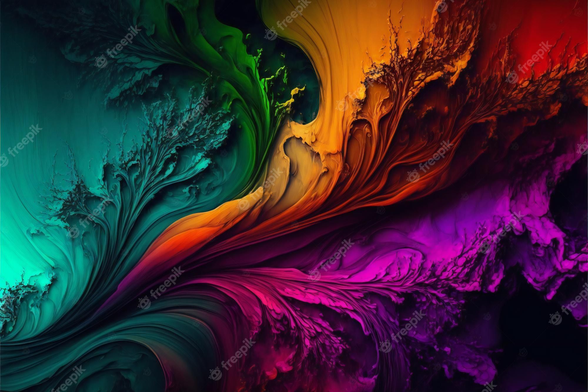 Fluid Art, Wellen, Grün, Orange, Pink, Full HD, Desktop-Hintergrund für Windows