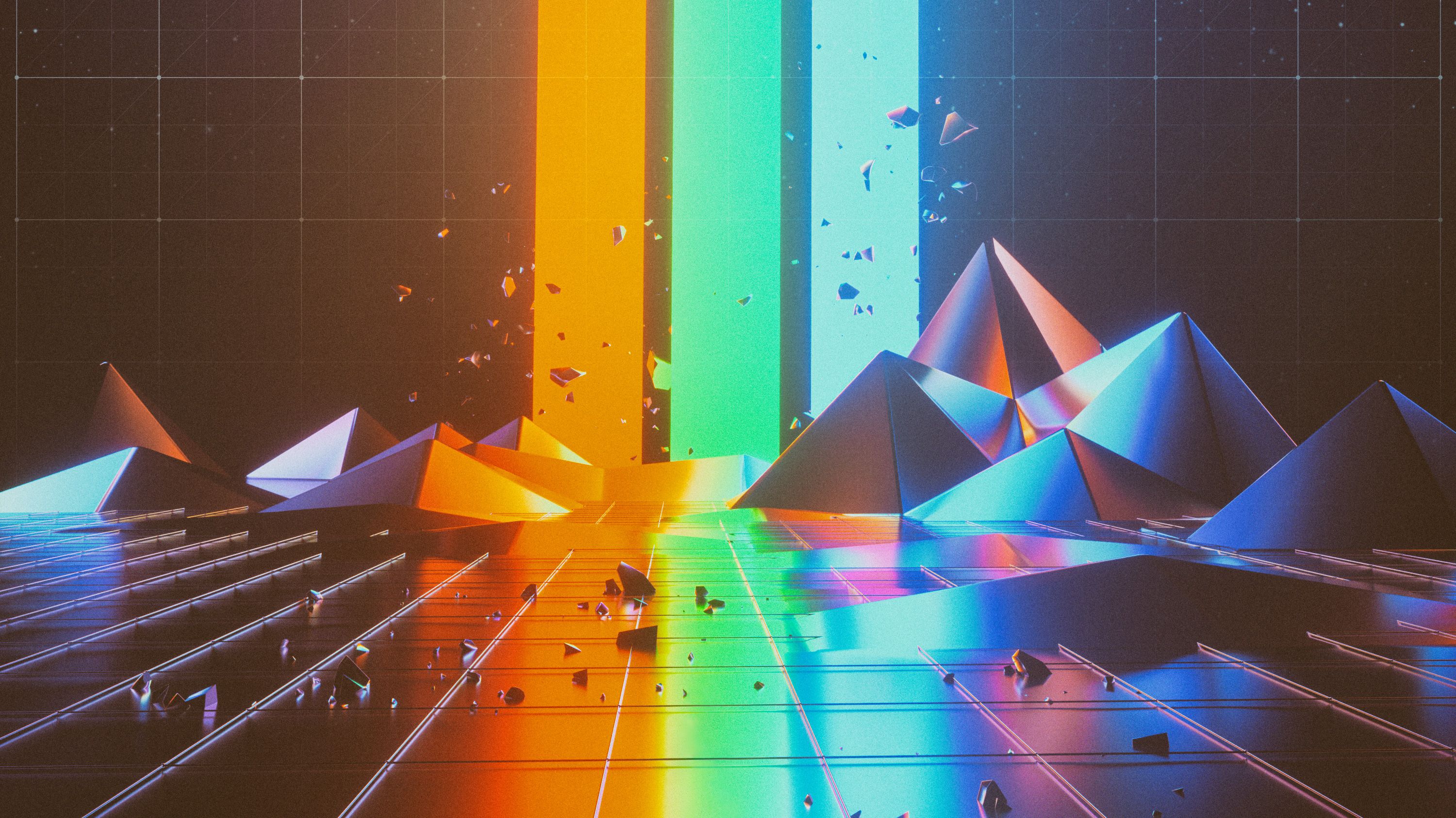 3D-Render, Pyramiden, Lichtstrahlen, Regenbogenfarben, Low Poly, 2K-Hintergrundbild für PC