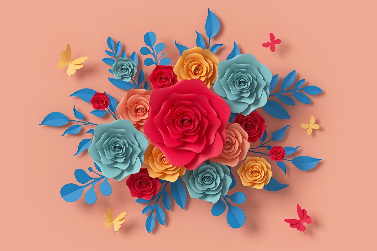 Papierblumen, Rosen, Schmetterlinge, Pfirsich Hintergrund, Papierkunst, HD Wallpaper