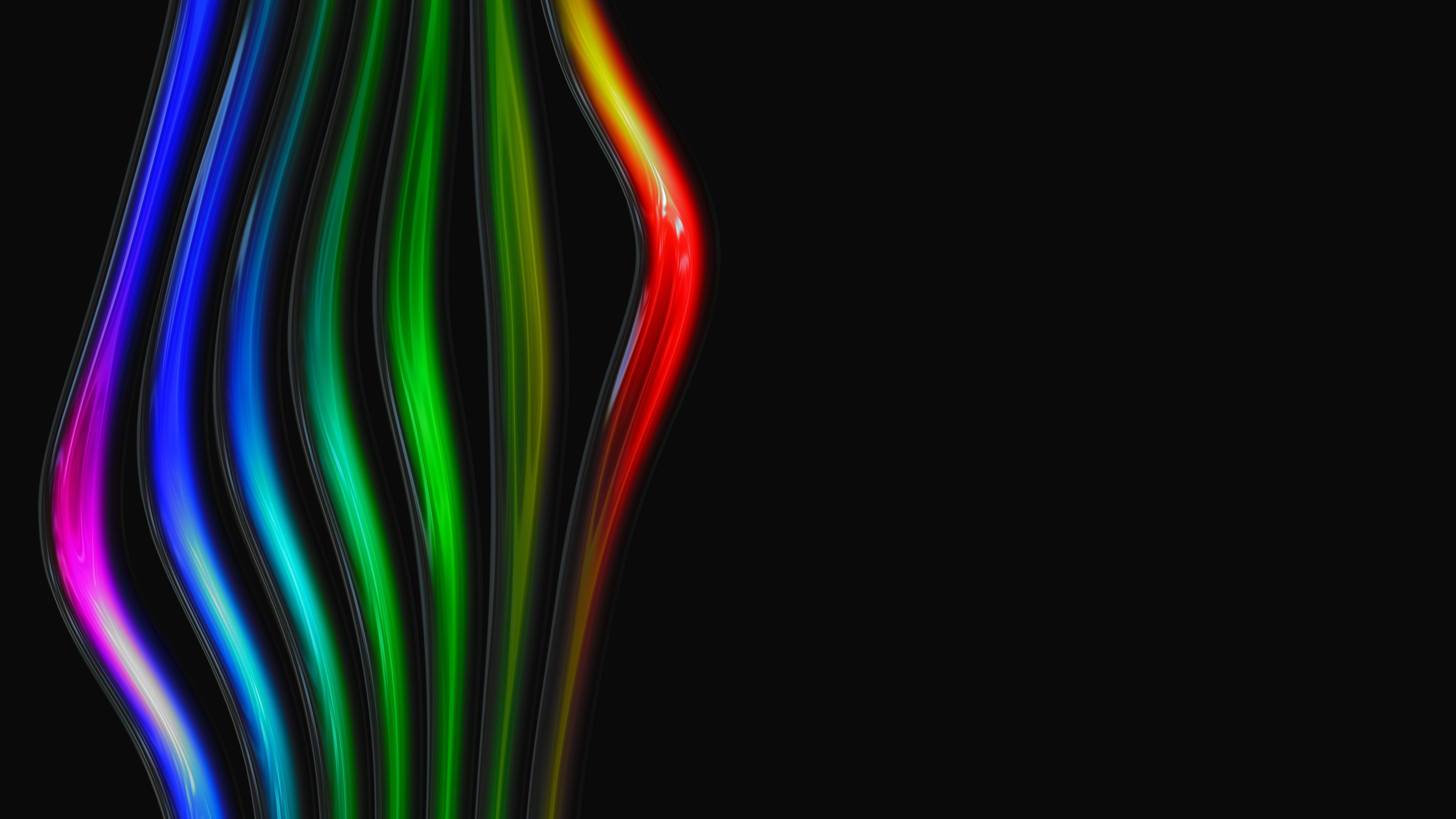 Lichtwellen, Neonlinien, Regenbogenfarben, Schwarzer Hintergrund, 4K Wallpaper