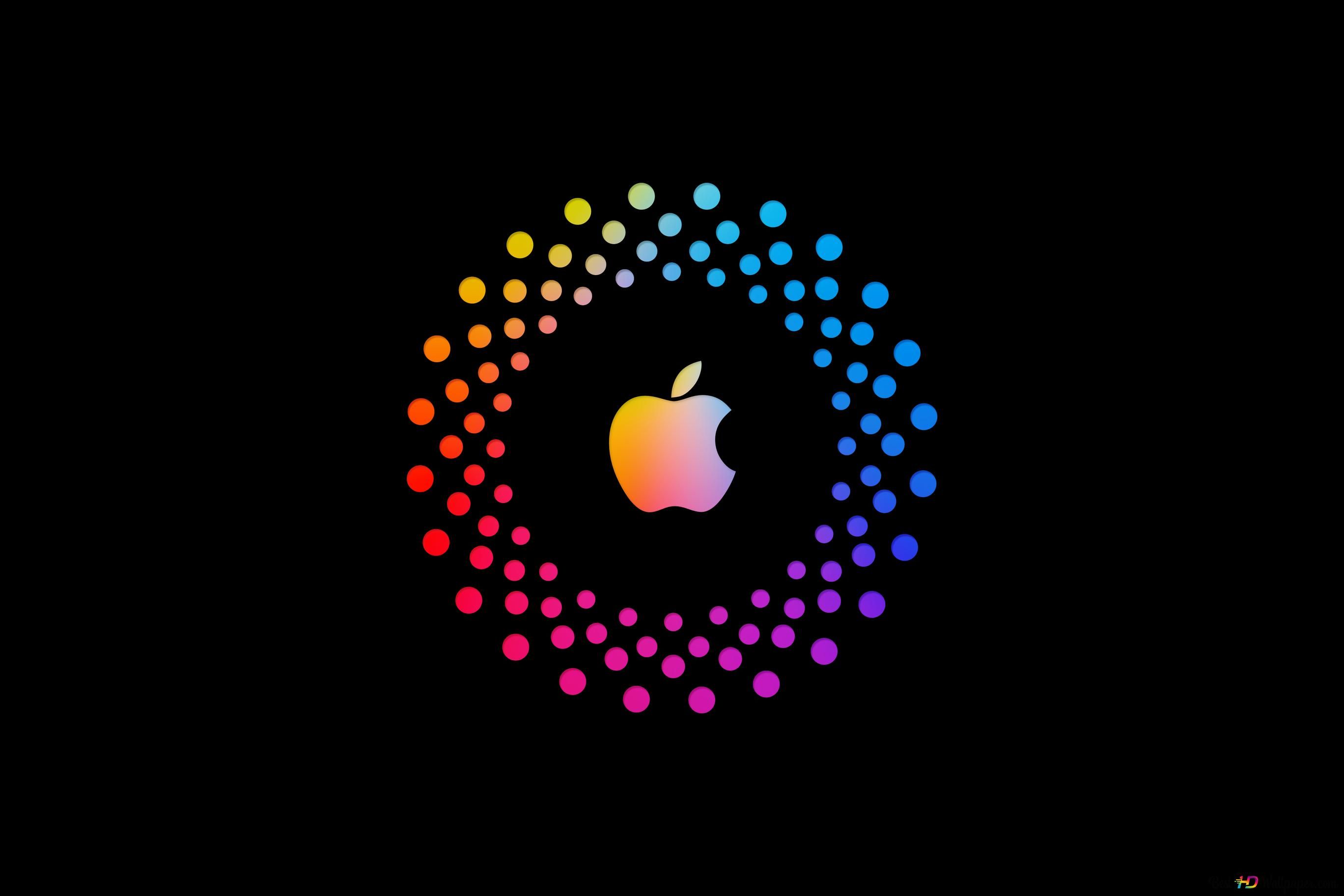 Apple-Logo, Apple, Farbpunkte, Kreis, Schwarzer Hintergrund, 2K Wallpaper