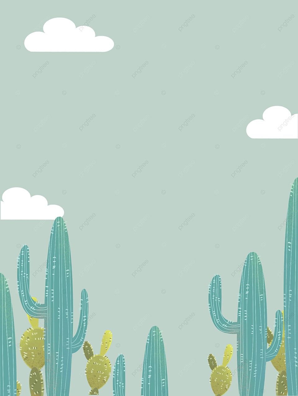 Kakteen, Wolken, Illustration, Mintgrün, Pastell, HD, iPad-Hintergrundbild