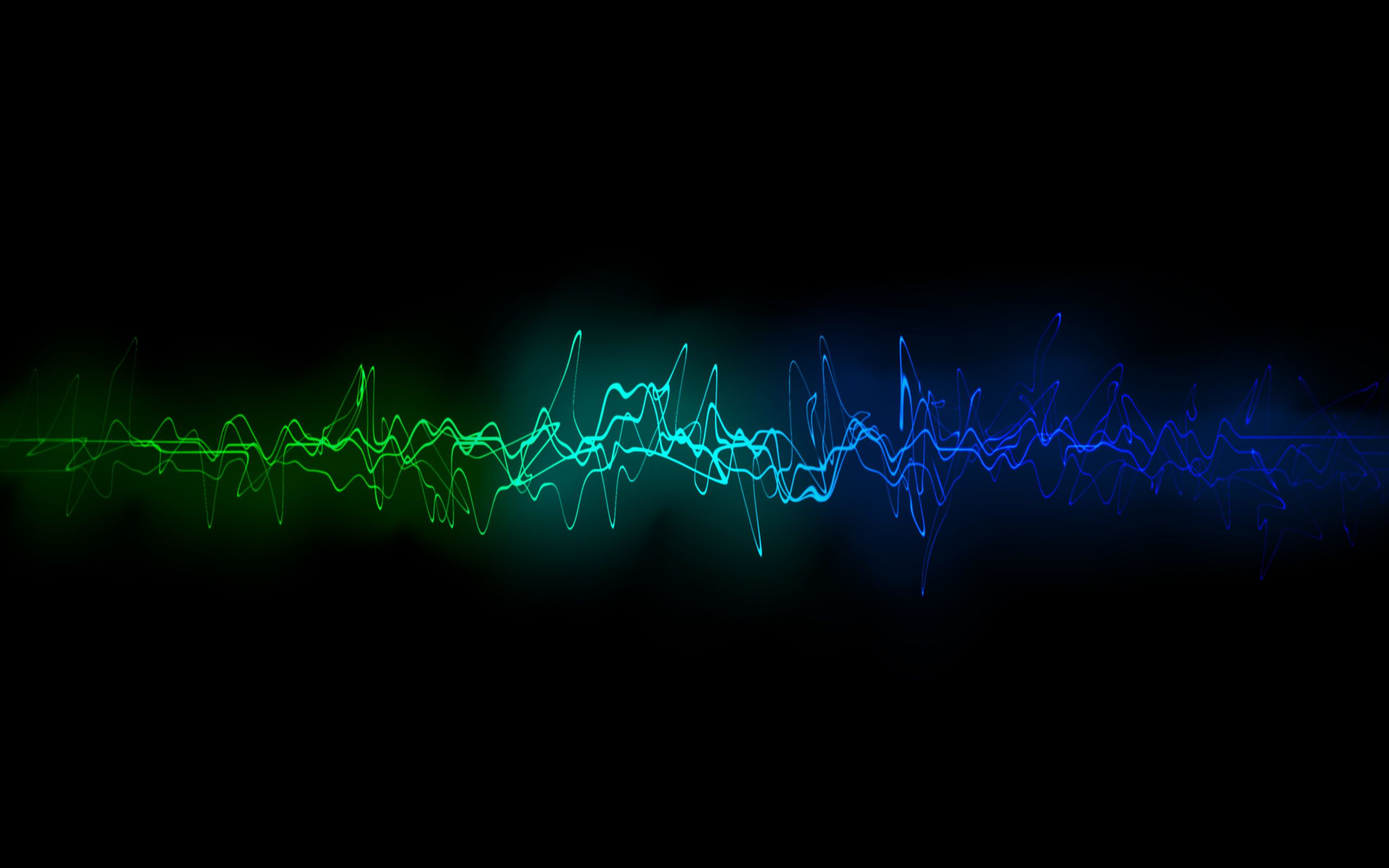 Schallwelle, Neon, Grün, Blau, Schwarzer Hintergrund, 2K Wallpaper