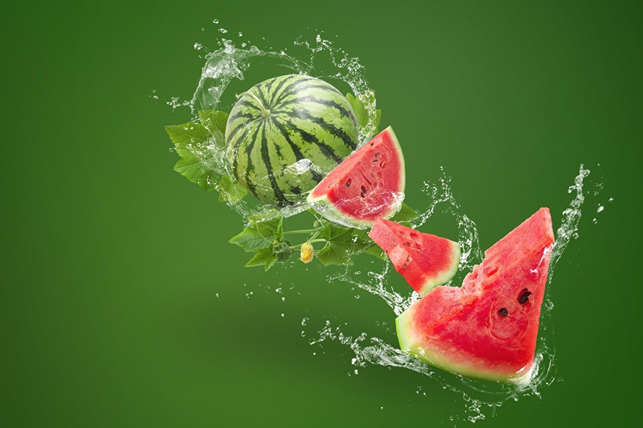 Wassermelone, Wasserspritzer, Obst, Grüner Hintergrund, HD Wallpaper