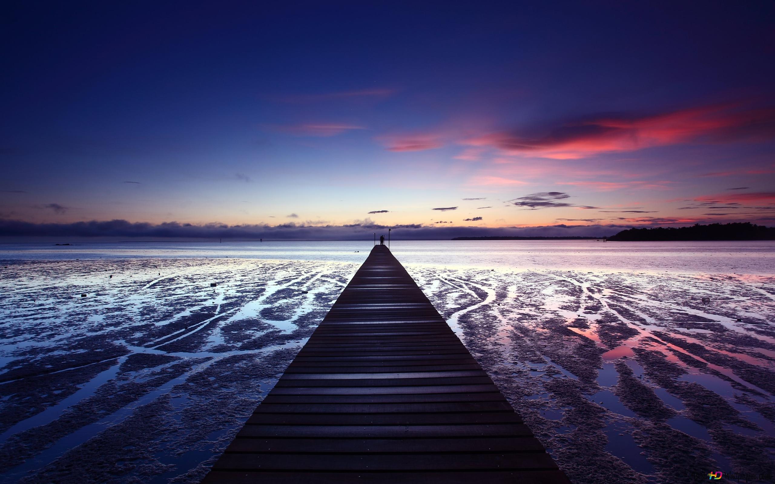 Steg, Meer, Dämmerung, Abendrot, Langzeitbelichtung, 16:10, 2K-Hintergrundbild für den Desktop
