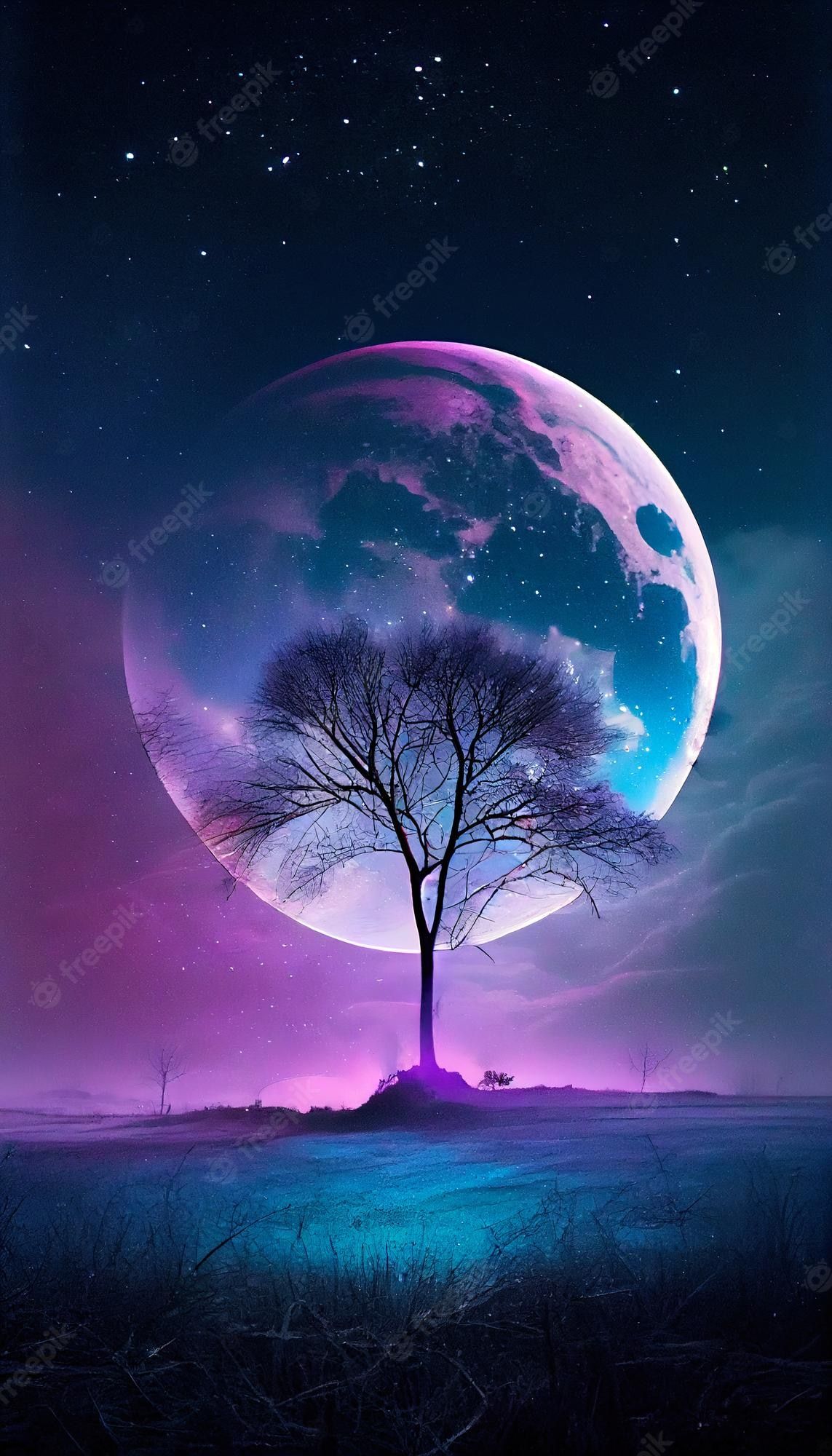 Baum, Mond, Fantasy, Lila, Digitale Kunst, Full HD, Sperrbildschirm fürs iPhone