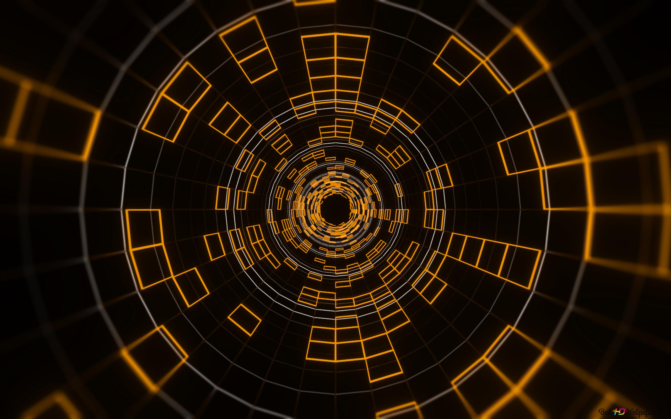 Tunnel, Geometrie, Orange, Schwarzer Hintergrund, Sci-Fi, 2K Wallpaper