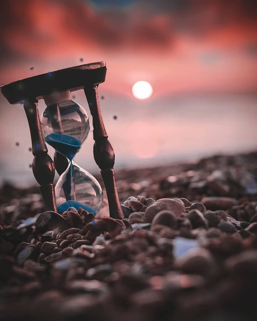 Sanduhr, Strand, Kieselsteine, Sonnenuntergang, Zeit, Full HD, Hintergrundbild fürs Tablet