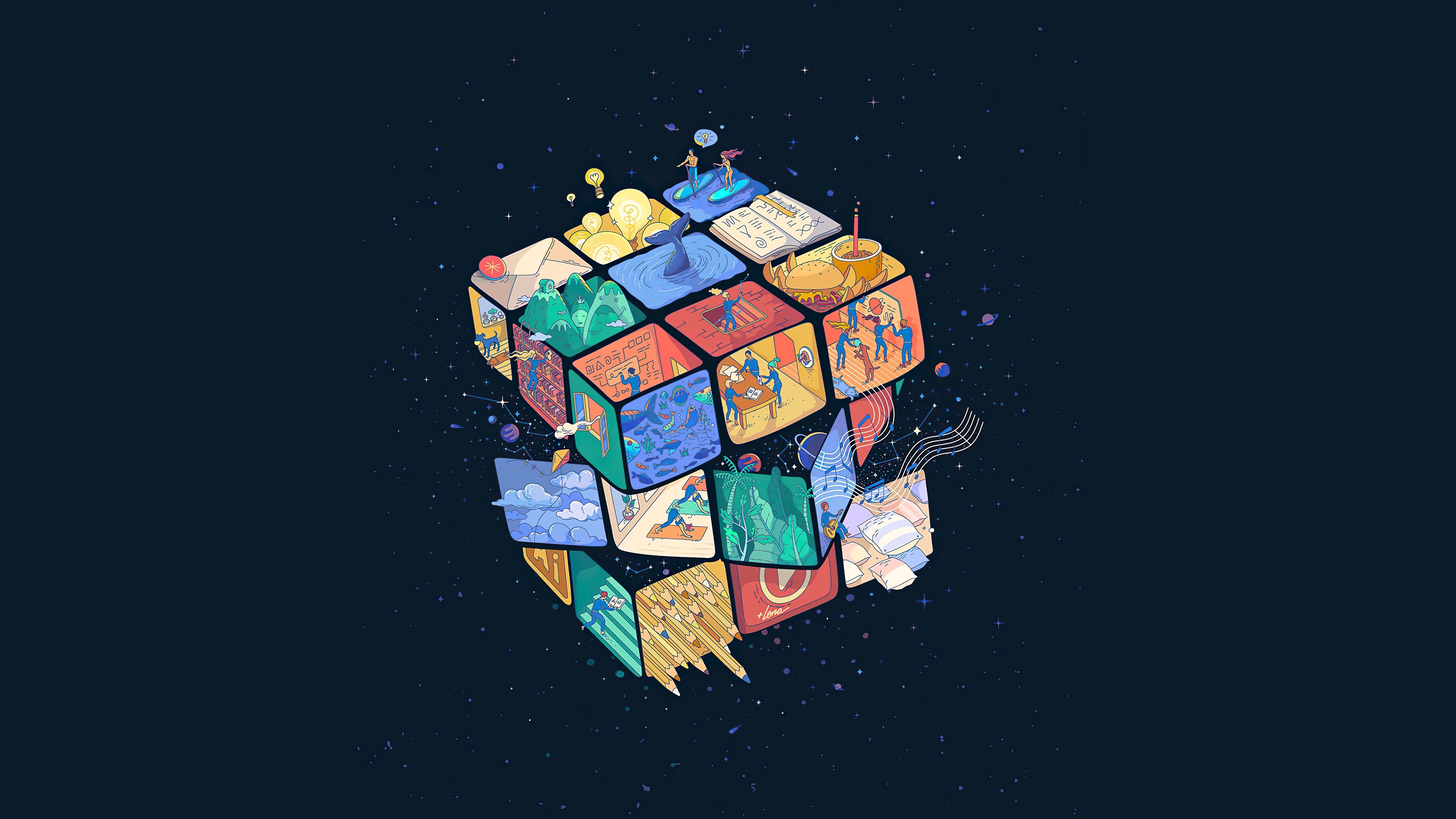 Zauberwürfel, Illustration, Dunkelblauer Hintergrund, Bunt, 4K Wallpaper