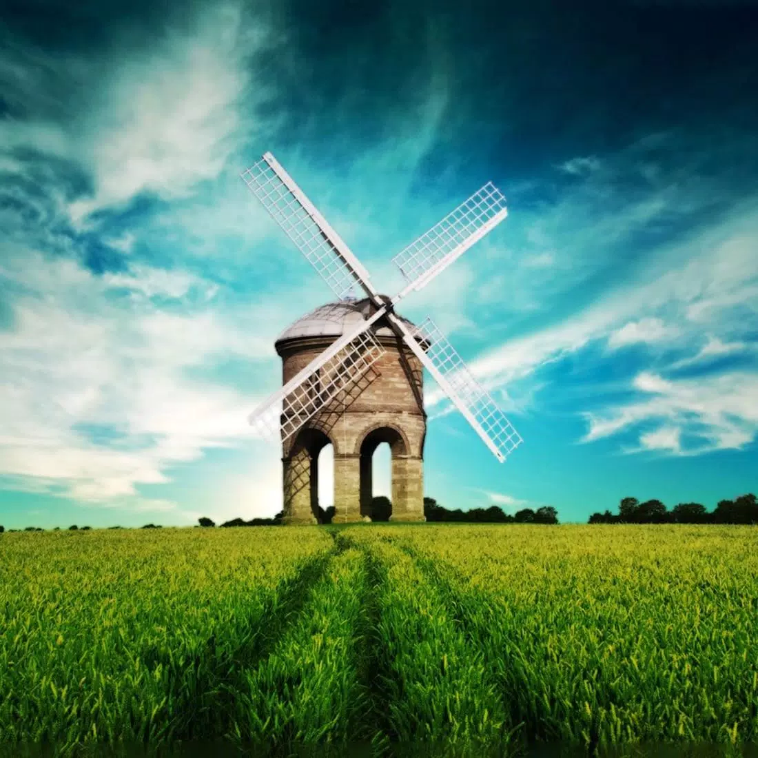 Windmühle, Wiese, Dramatischer Himmel, Landschaft, Hintergrundbild für iPad und Tablet