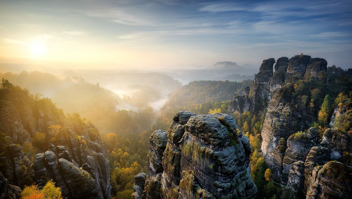 Sächsische Schweiz, Elbsandsteingebirge, Felsen, Sonnenaufgang, Nebel, Hintergrundbild