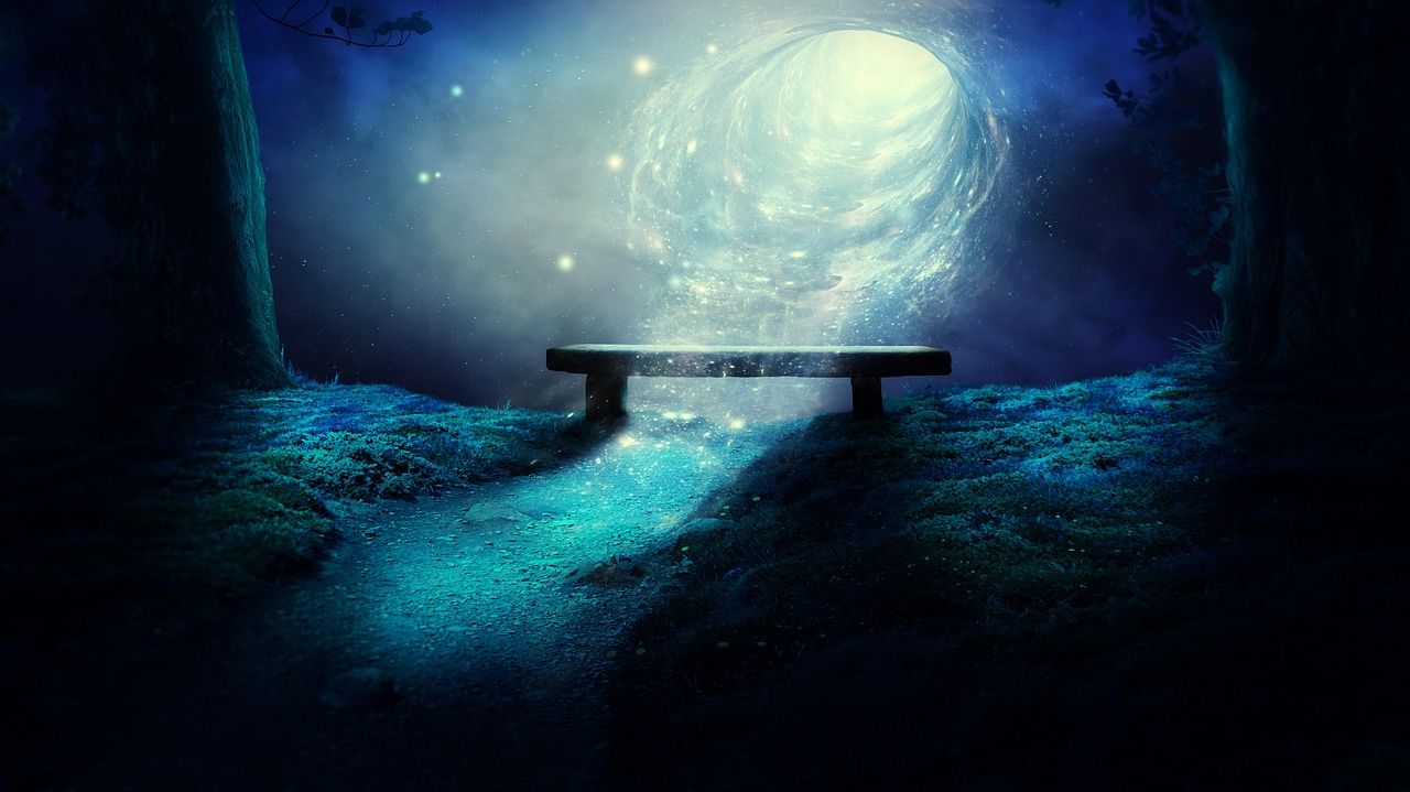 Bank, Fantasy, Wald, Magisches Licht, Nacht, 16:9, HD-Hintergrundbild für den Desktop