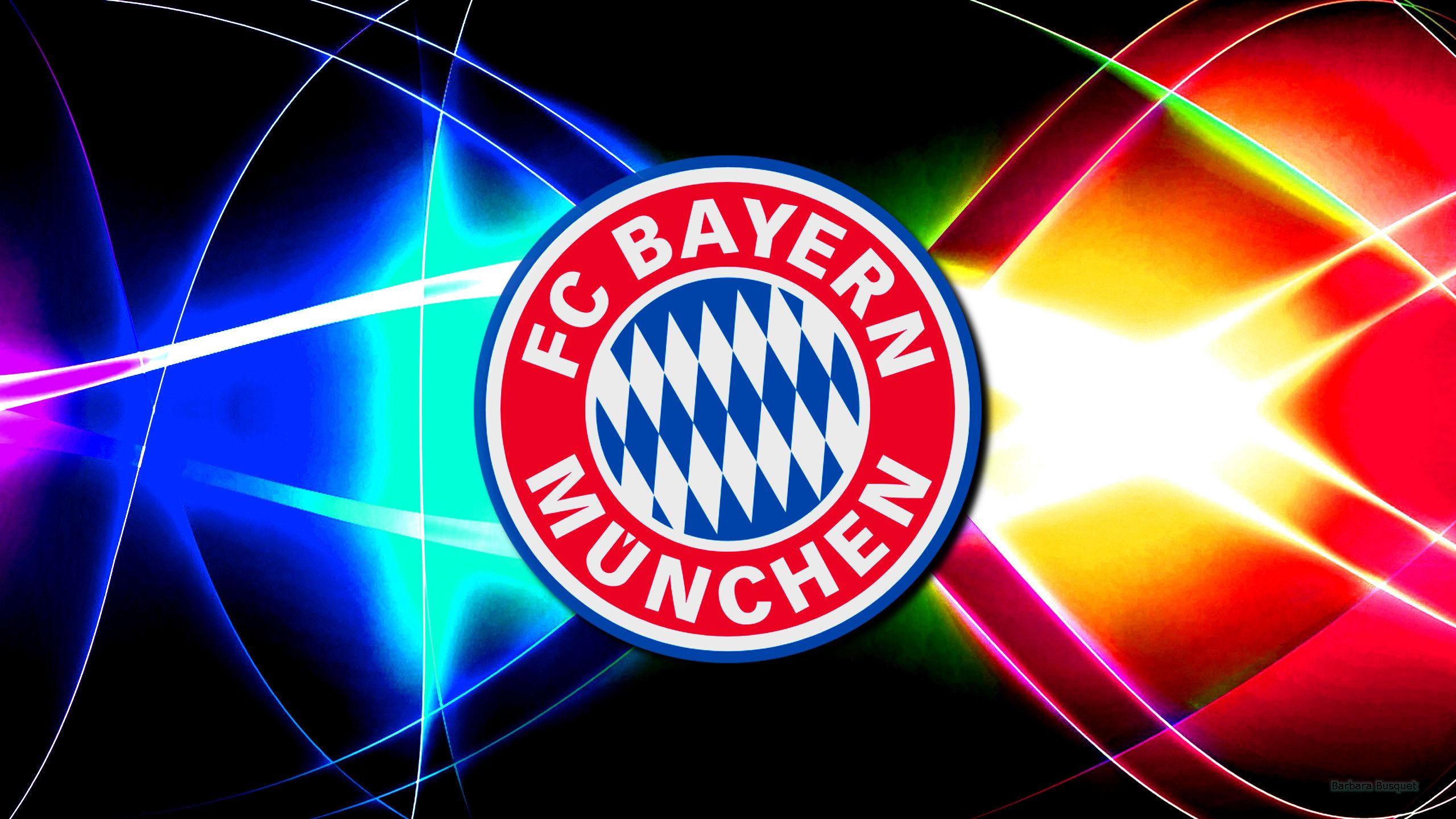 FC Bayern München, Wappen, Lichtstrahlen, Neonfarben, Abstrakt, 2K, Windows-Hintergrundbild