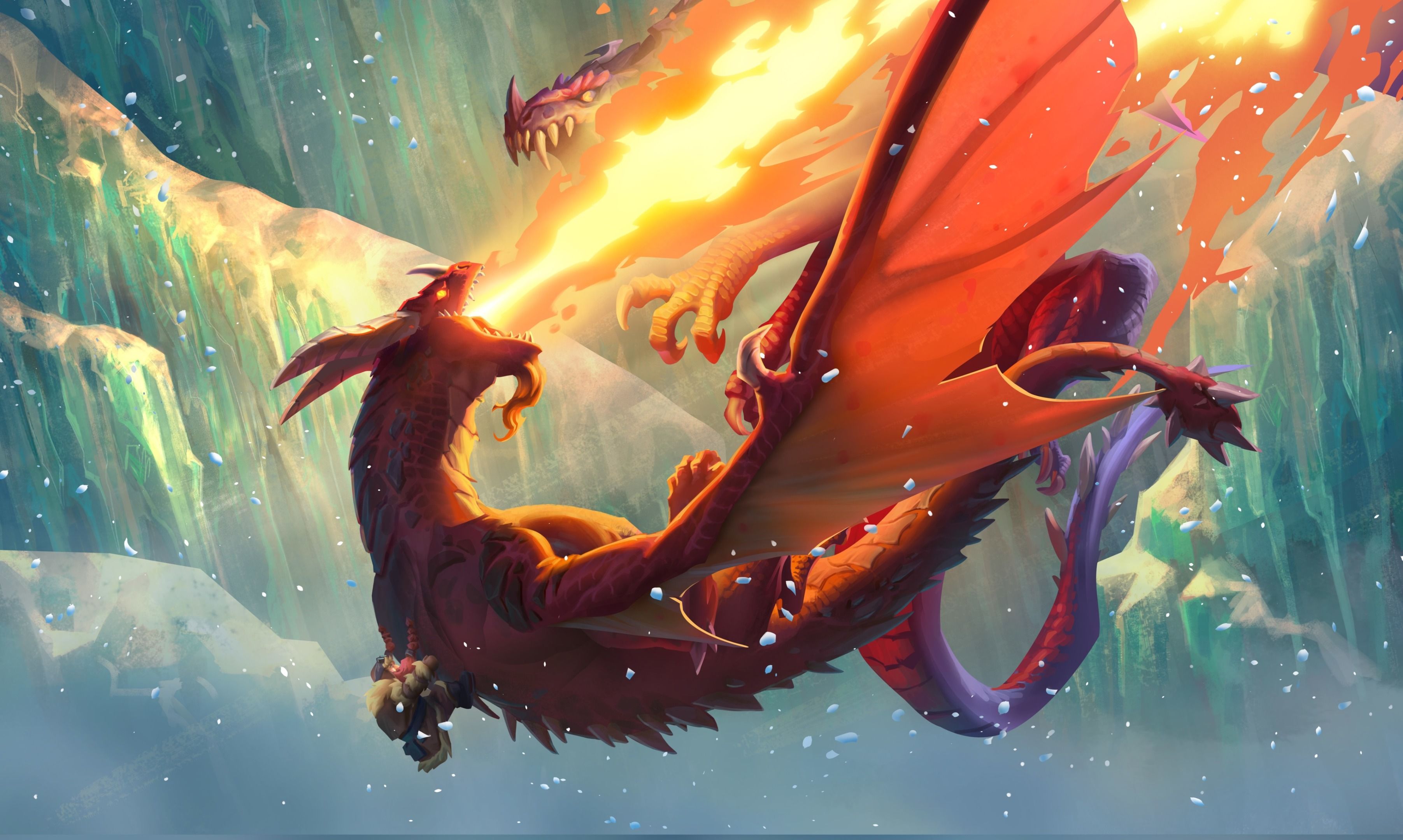 Feuerdrache, Feueratem, Eis, Roter Drache, Fantasy, 2K, Hintergrund für den Desktop