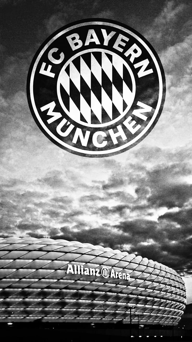 FC Bayern München, Allianz Arena, Schwarz-Weiß, Wolken, Logo, Hintergrundbild fürs Handy