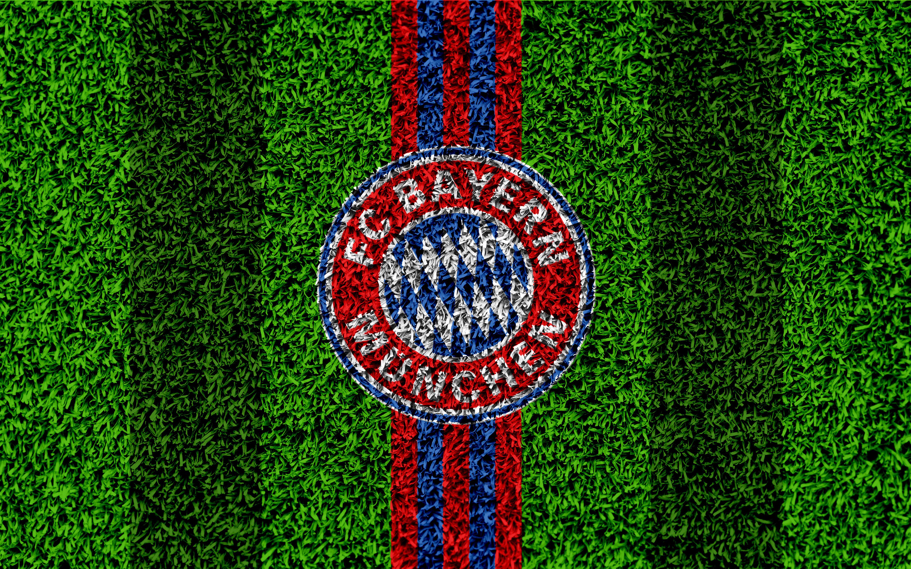 FC Bayern München, Wappen, Rasen, Rote Streifen, Grün, 4K, Hintergrundbild für den PC