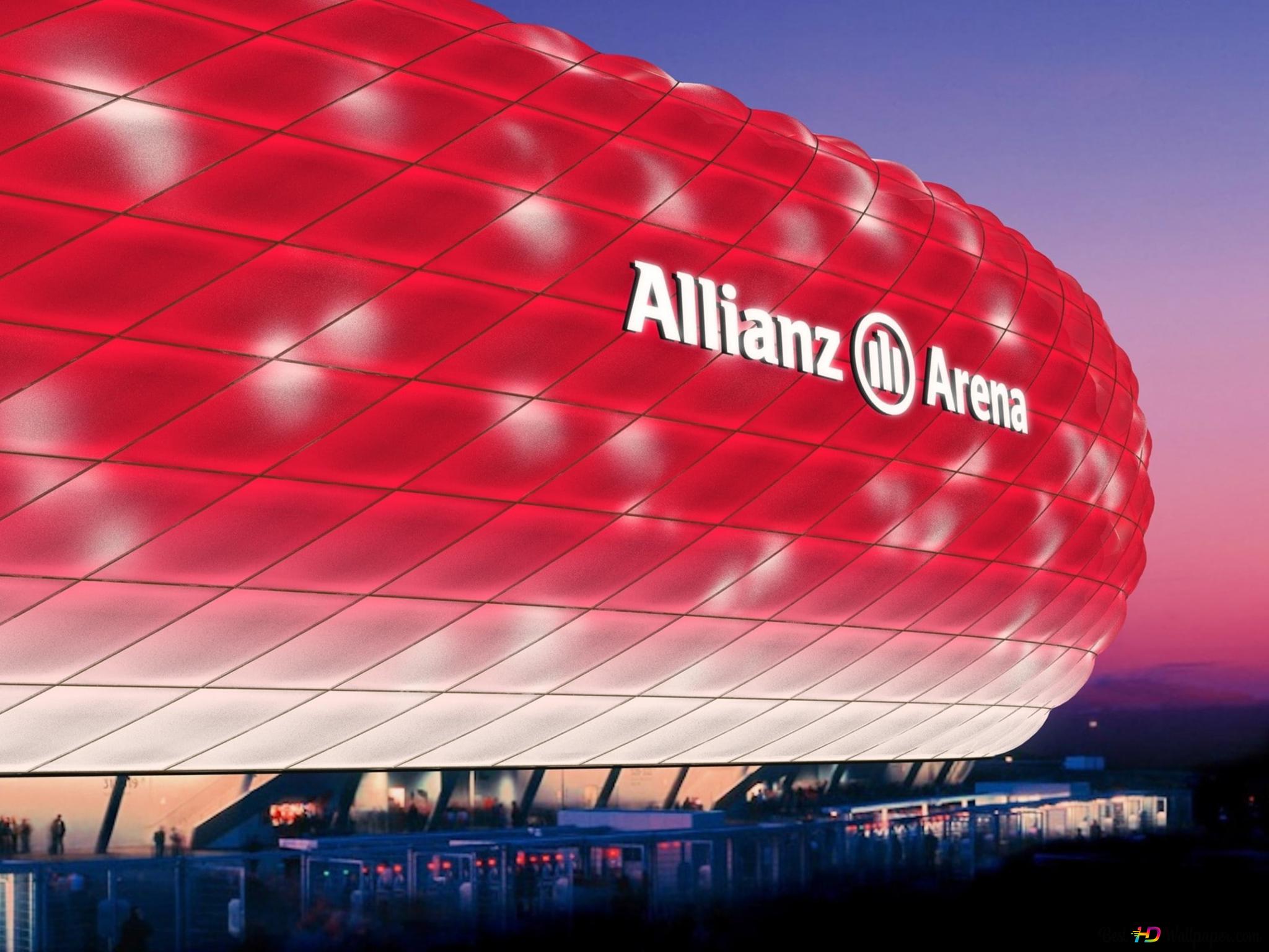 Allianz Arena, Stadion, Rote Beleuchtung, Abenddämmerung, München, Full HD, iPad-Hintergrundbild