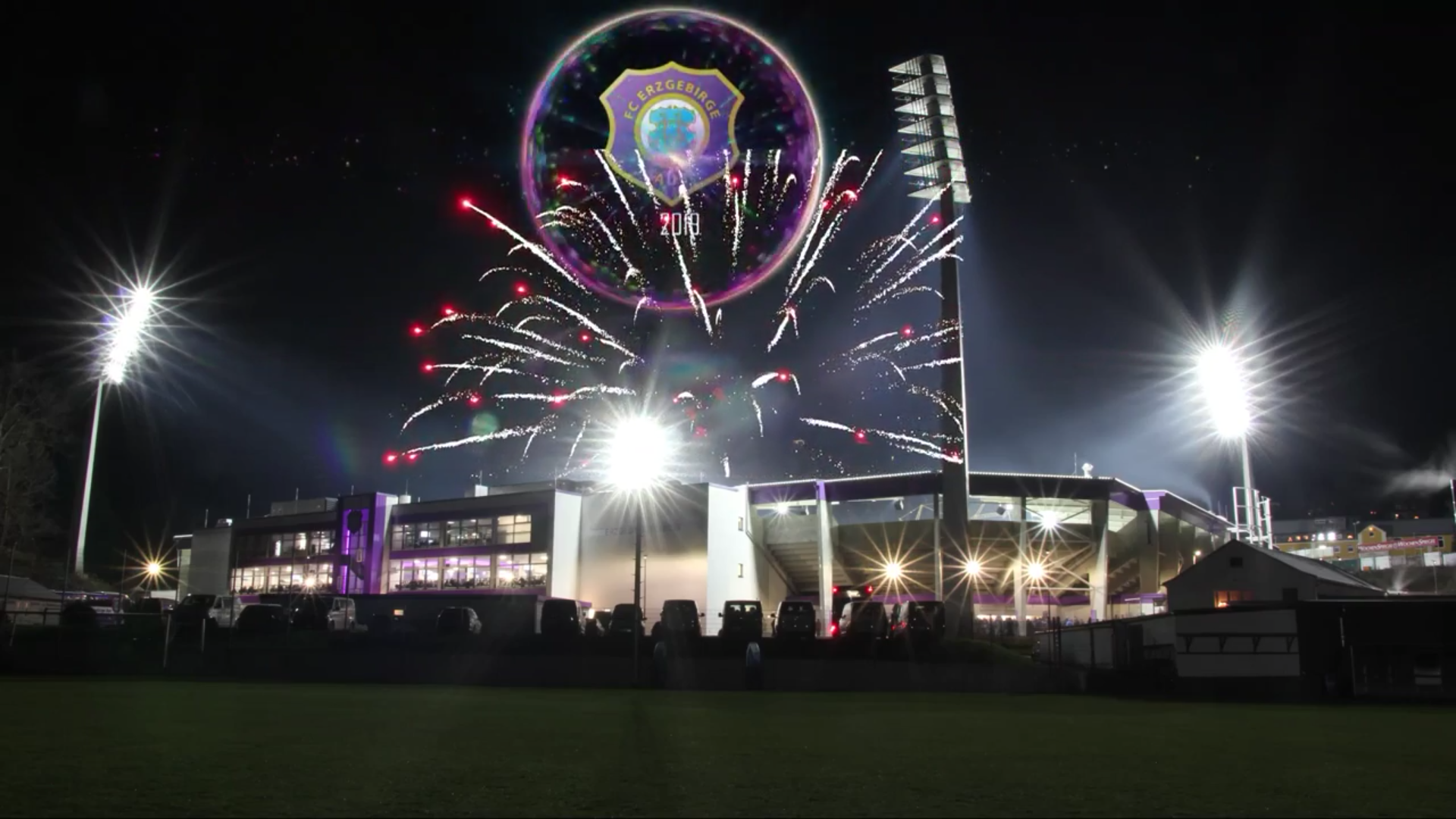 Erzgebirgsstadion, FC Erzgebirge Aue, Feuerwerk, Flutlicht, Nacht, 1920x1080, PC-Hintergrundbild