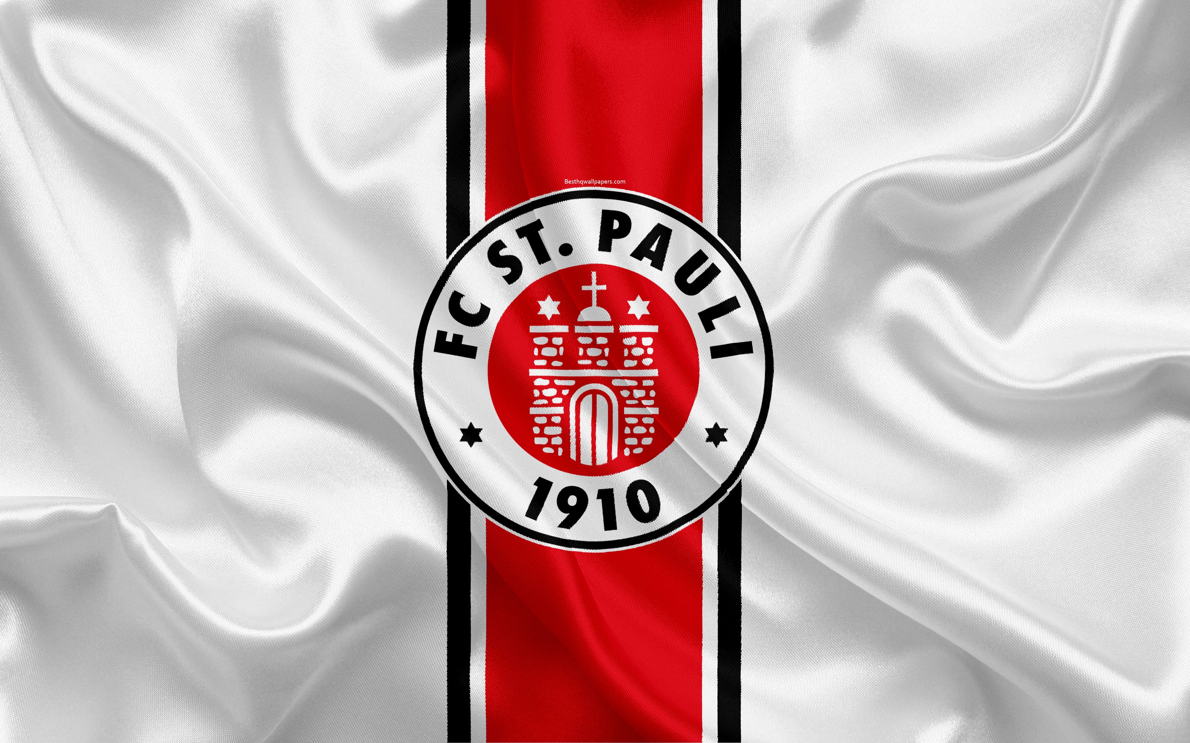 FC St. Pauli, Fahne, Seide, Weiß, Rot, 4K, Hintergrundbild für den PC