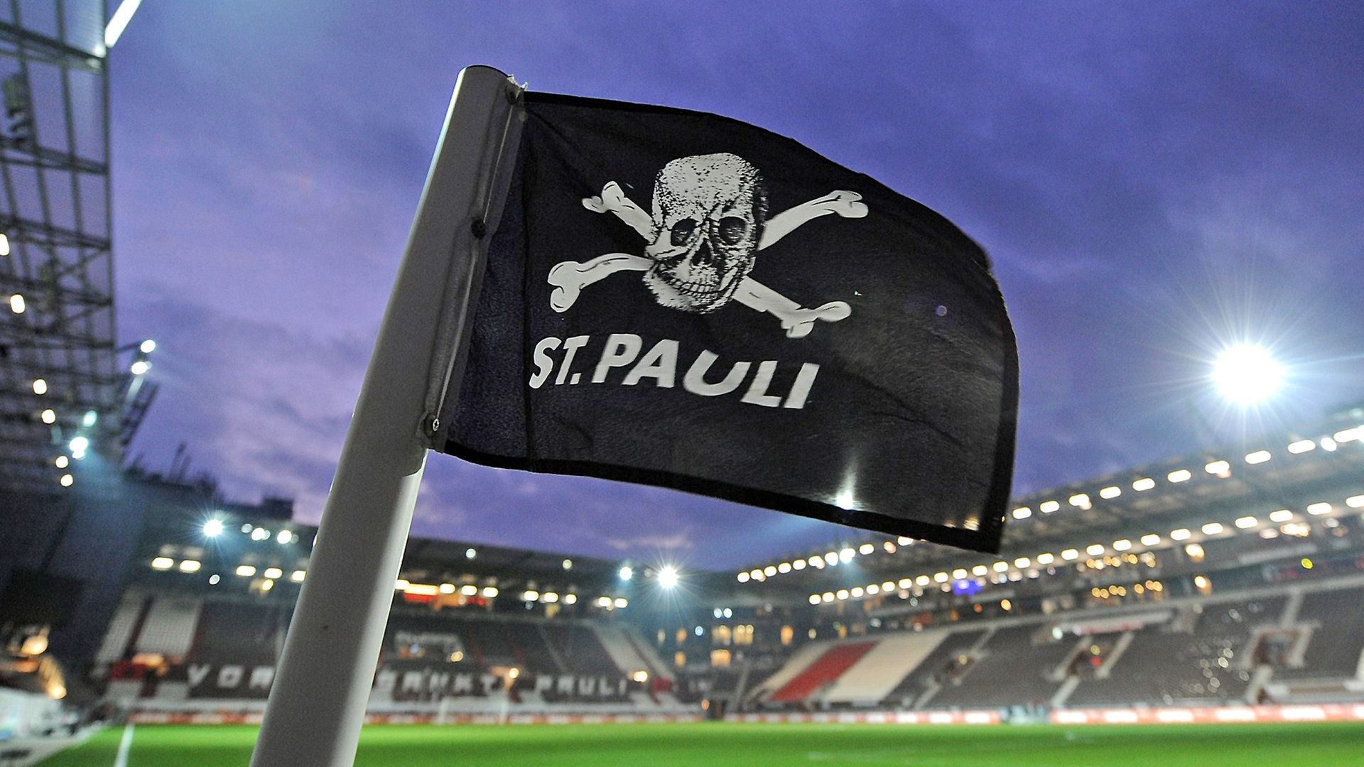FC St. Pauli, Eckfahne, Totenkopf, Millerntor-Stadion, Flutlicht, Full HD, PC-Hintergrundbild