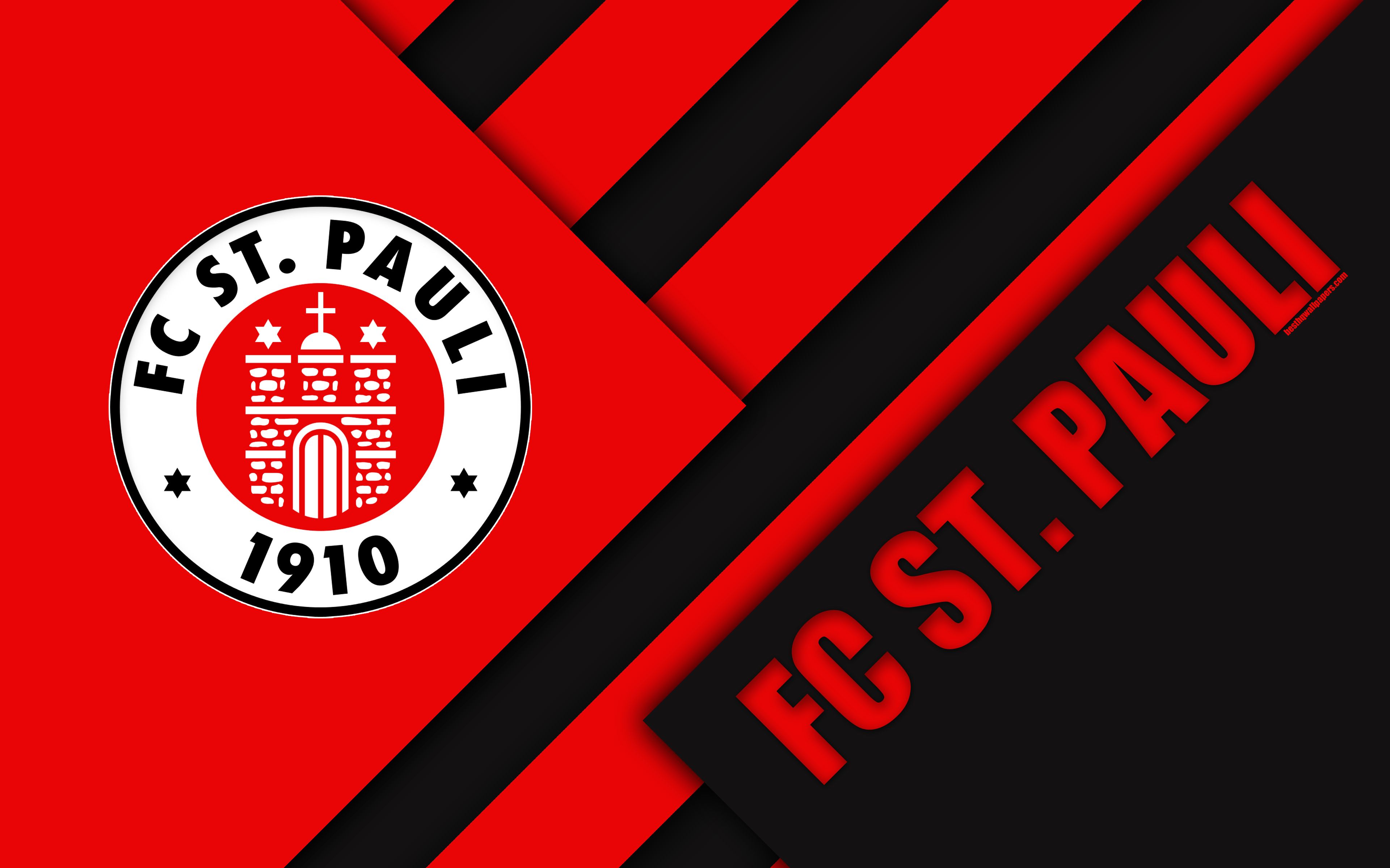 FC St. Pauli, Wappen, Rote Streifen, Schriftzug, Rot-Schwarz, 4K, PC-Hintergrundbild