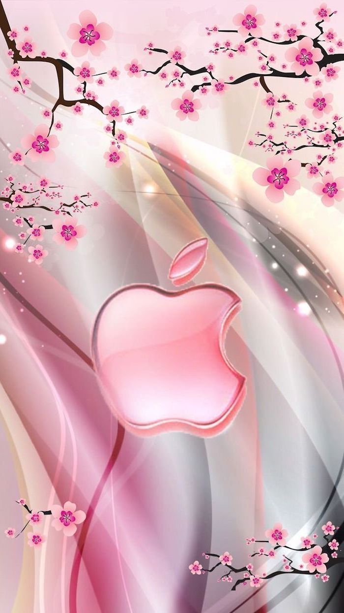 Apple-Logo, Kirschblüten, Rosa, Glänzend, Hintergrundbild für iPhone und Android