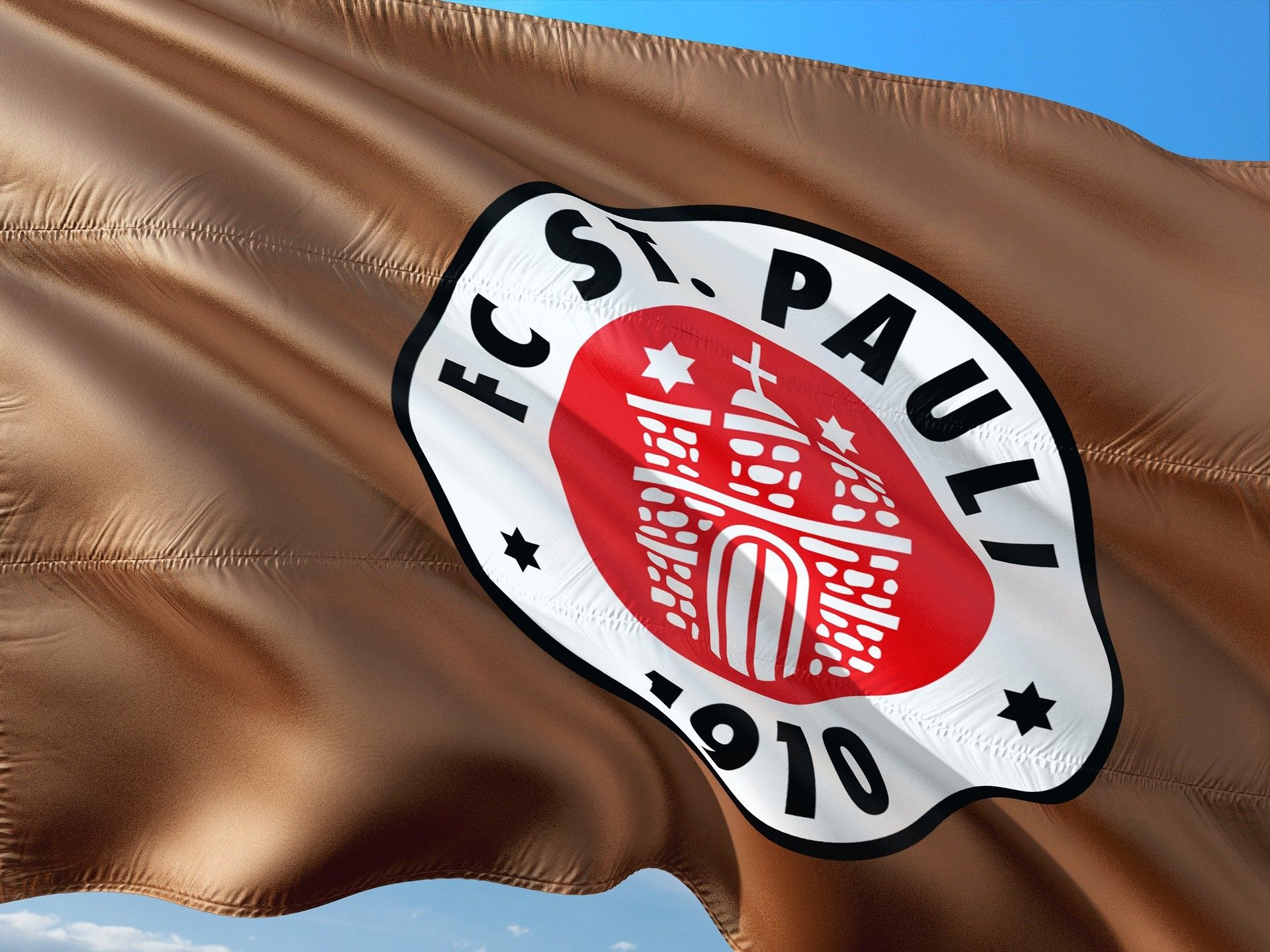 FC St. Pauli, Fahne, Wappen, Braun, Blauer Himmel, Full HD, Hintergrundbild fürs Tablet